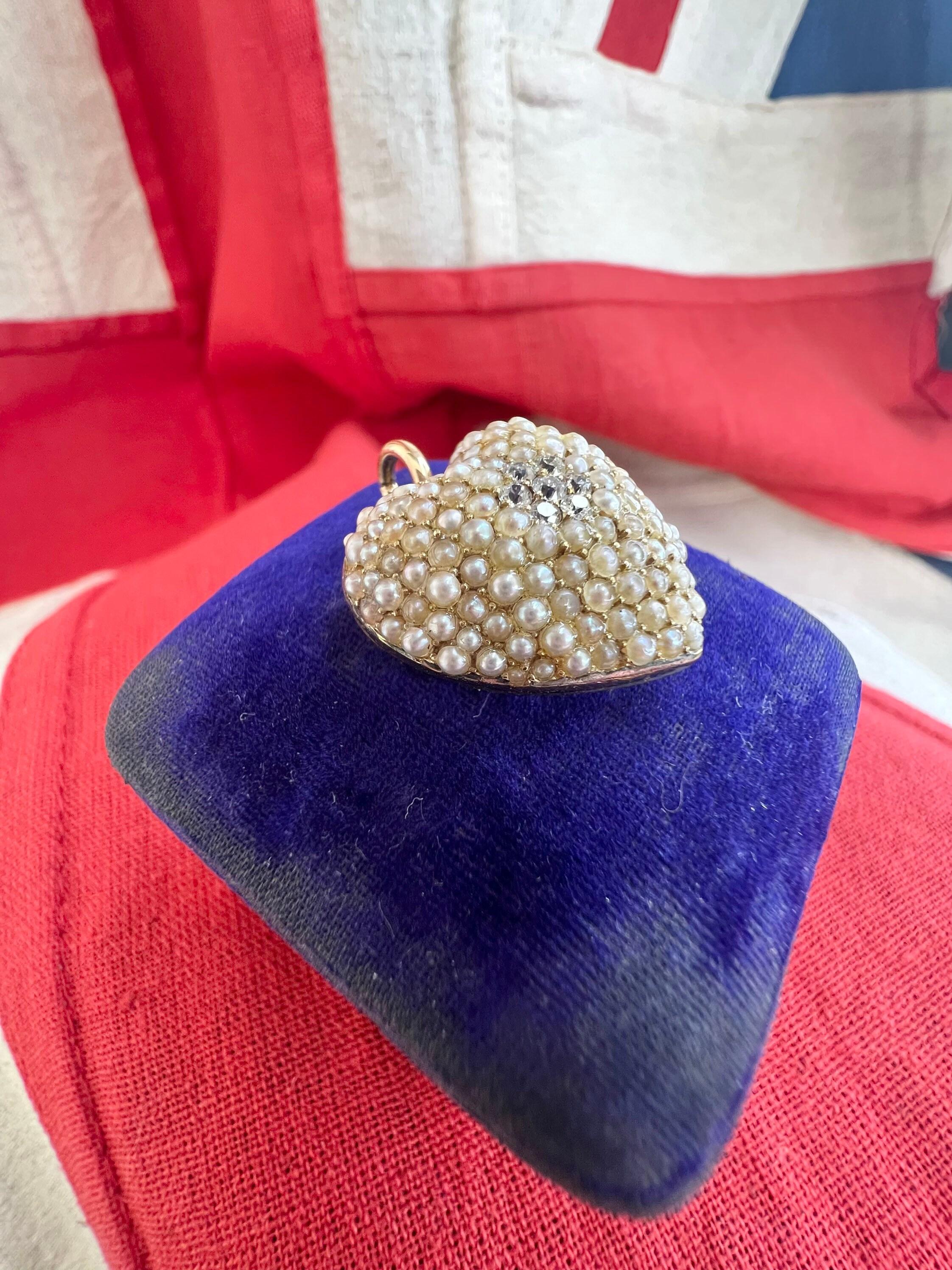 Pendentif cœur ancien en or 14 carats, perles et diamants en vente 6