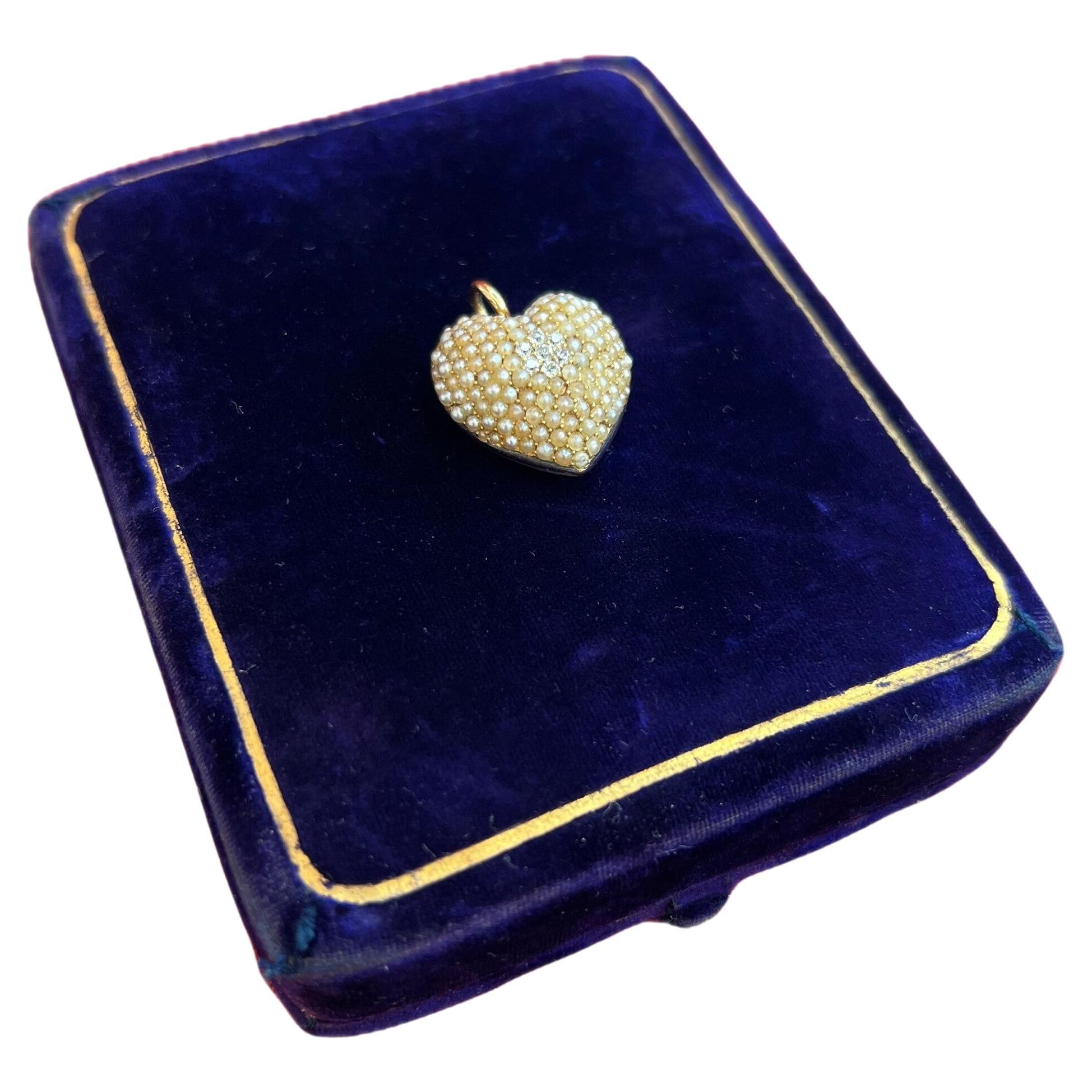 Antique 14ct Gold Pearl & Diamond Heart Pendant For Sale
