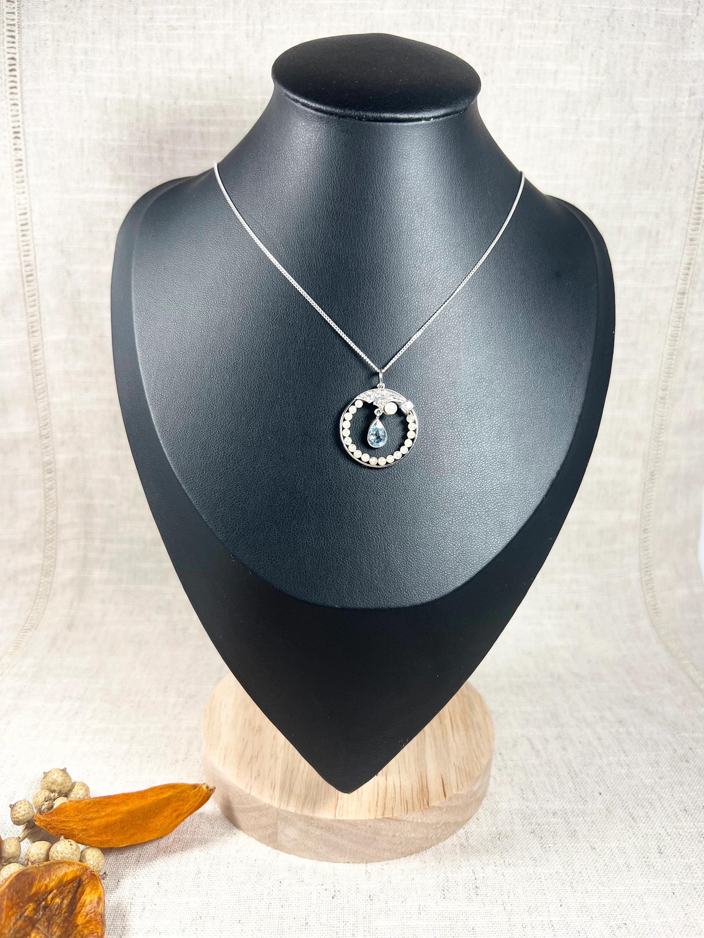 Pendentif ancien en or 14 carats, platine, aigue-marine, perle et diamant des années 1920 en vente 2