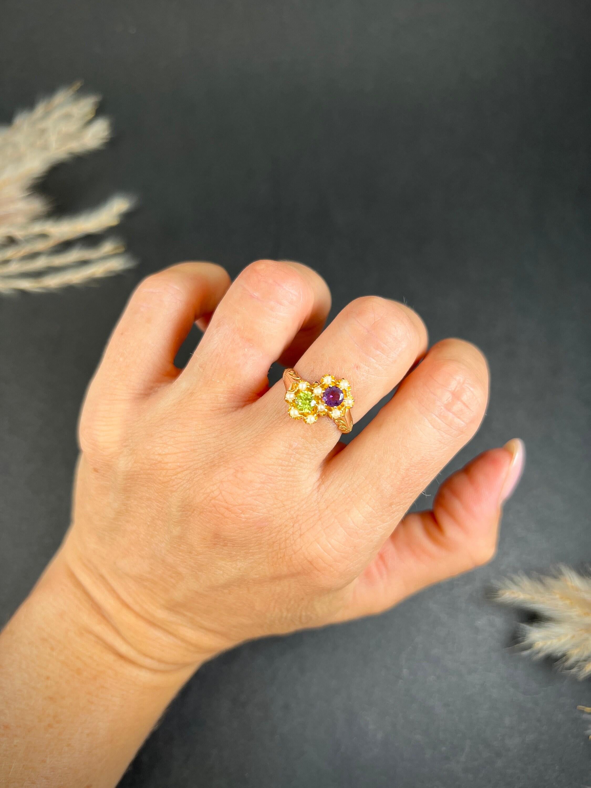 Round Cut Antique 14ct Rose Gold Amethyst, Pearl & Peridot Double Daisy Suffragette Ring For Sale