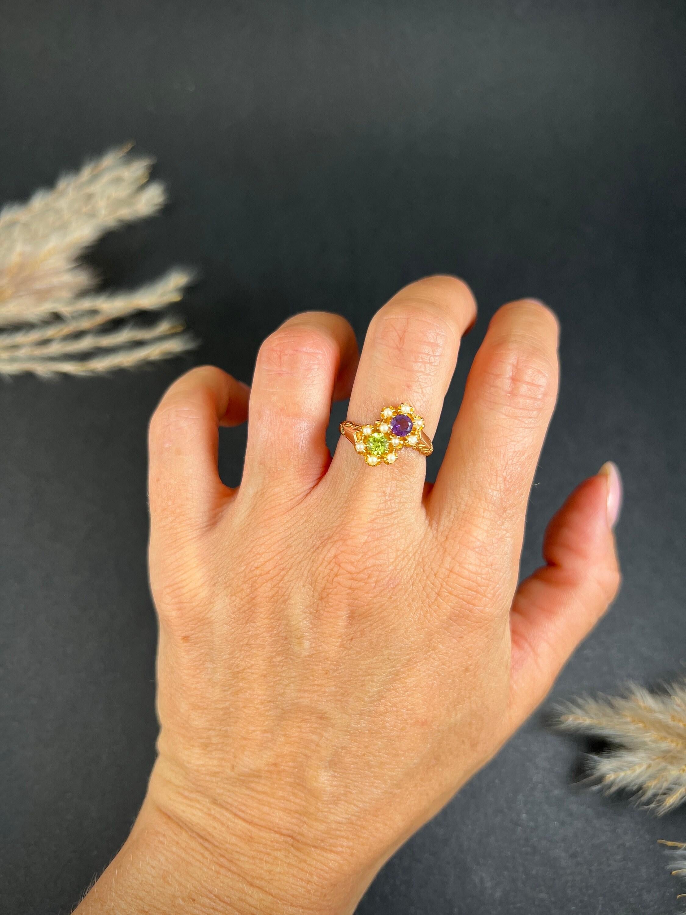 Antique 14ct Rose Gold Amethyst, Pearl & Peridot Double Daisy Suffragette Ring In Good Condition For Sale In Brighton, GB