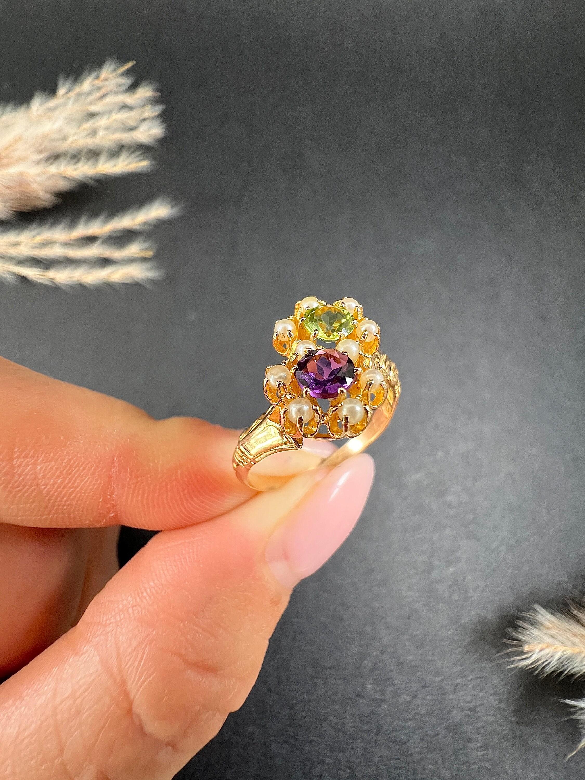 Antique 14ct Rose Gold Amethyst, Pearl & Peridot Double Daisy Suffragette Ring For Sale 1