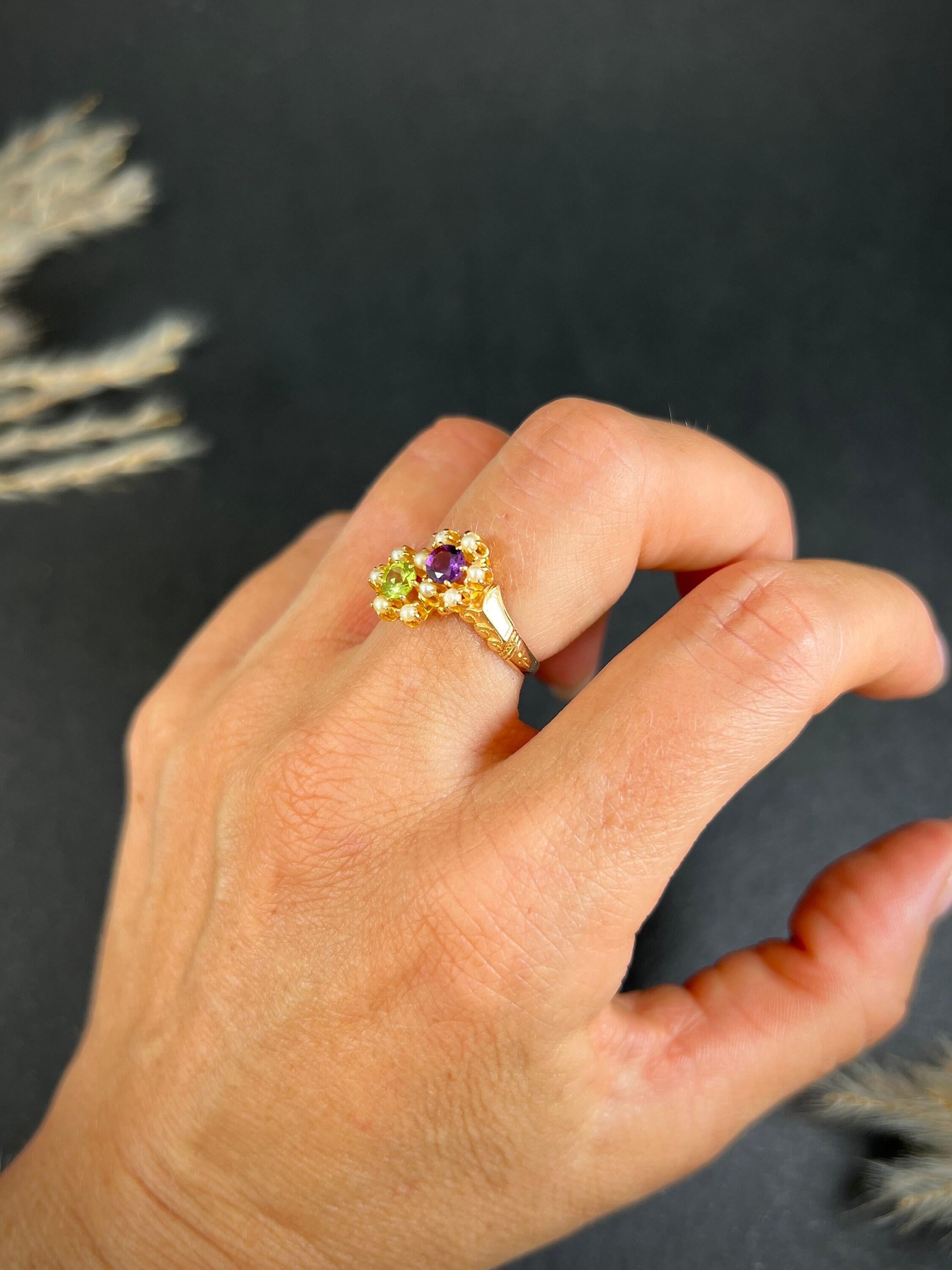 Antique 14ct Rose Gold Amethyst, Pearl & Peridot Double Daisy Suffragette Ring For Sale 2