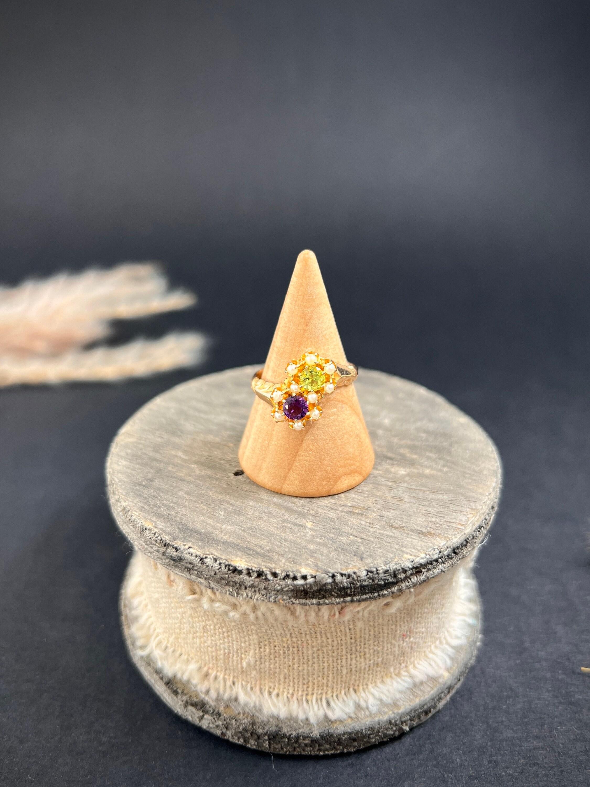 Antique 14ct Rose Gold Amethyst, Pearl & Peridot Double Daisy Suffragette Ring For Sale 3