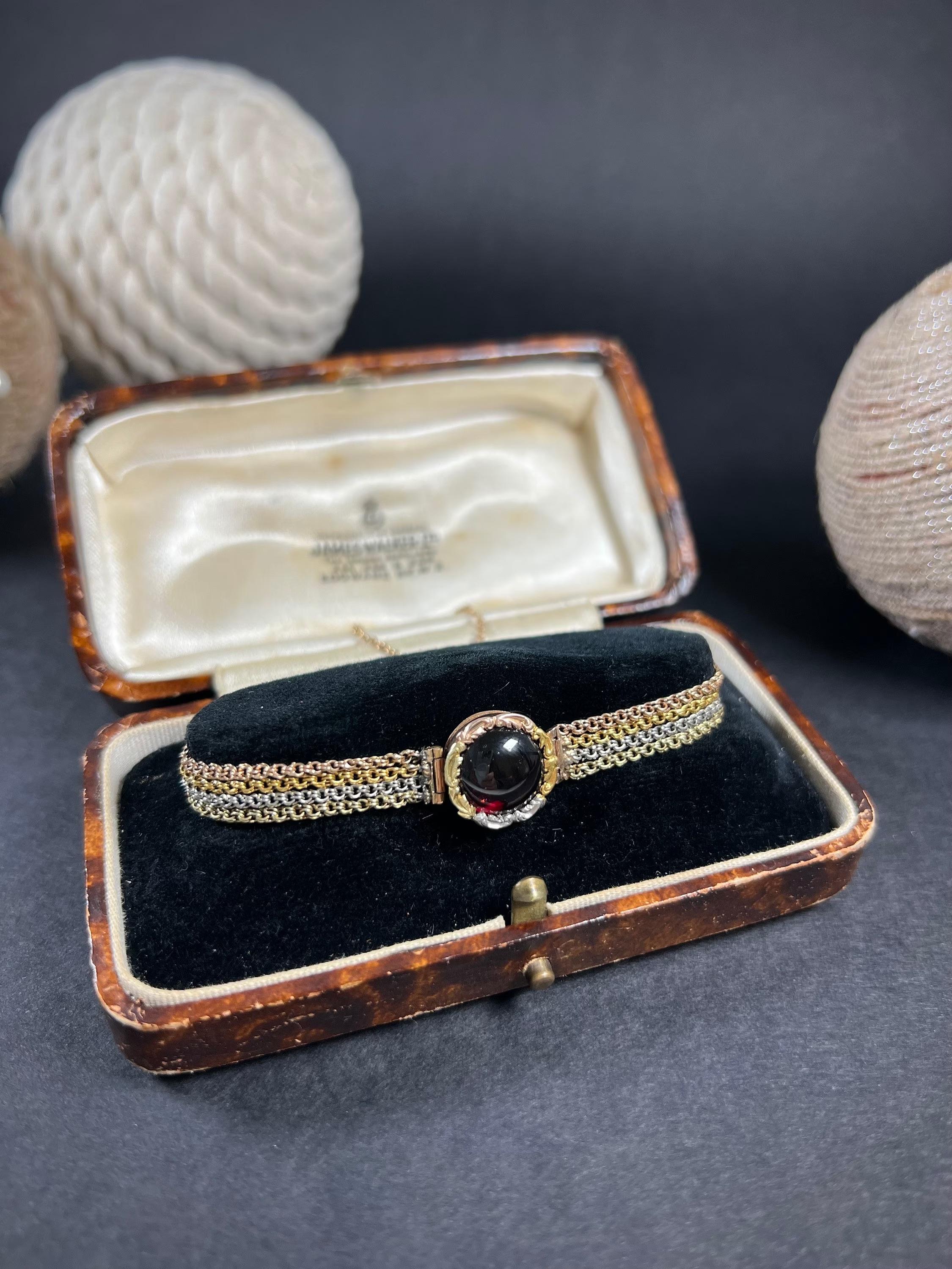 Women's or Men's Antique 14ct Three Colour Gold Victorian Multi Chain Garnet Locket Back Bracelet For Sale