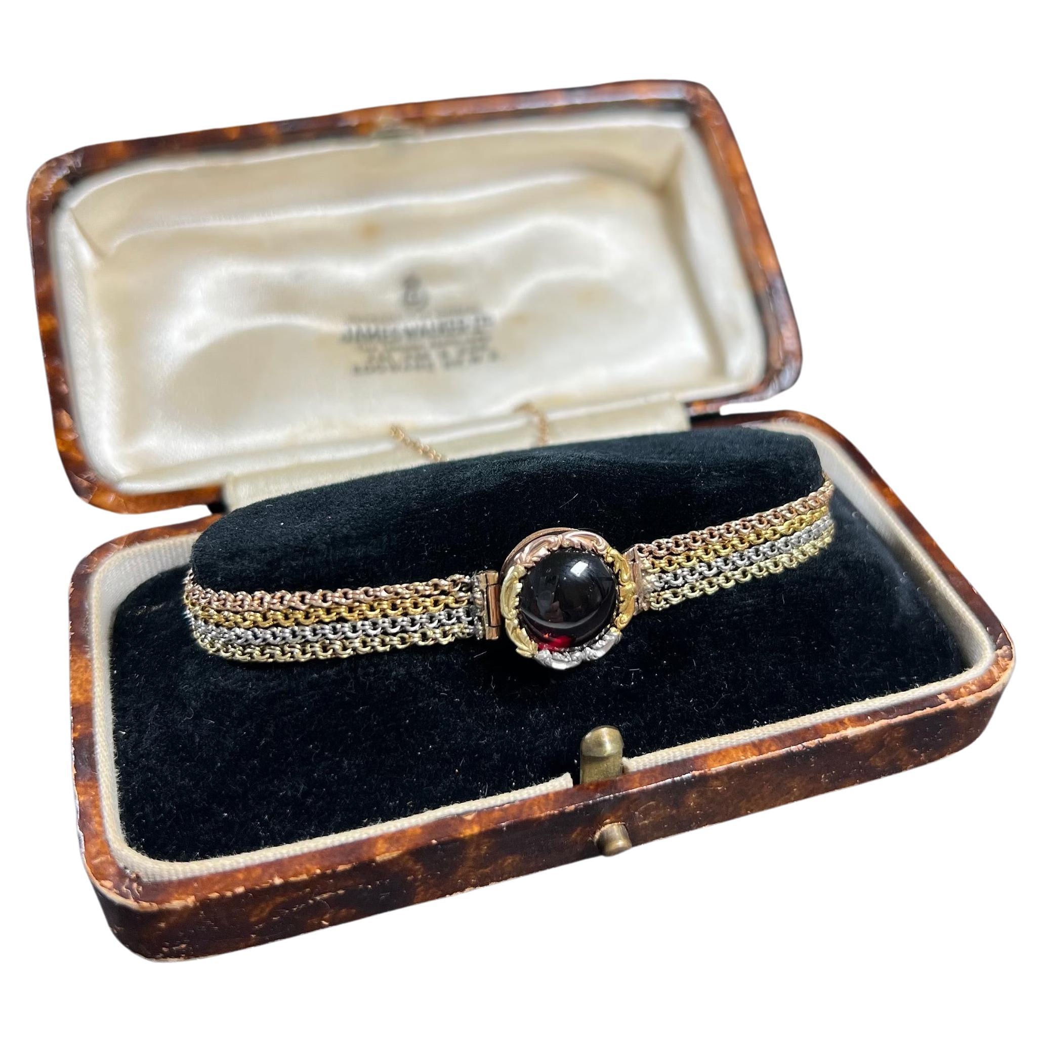 Antique 14ct Three Colour Gold Victorian Multi Chain Garnet Locket Back Bracelet For Sale