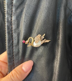 Antique 14ct Two Colour Gold Edwardian Ruby, Diamond & Abalone Pearl Swan Brooch