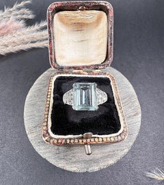 Antique 14ct White Gold, 1920s Art Deco Emerald Cut Aquamarine & Diamond Ring