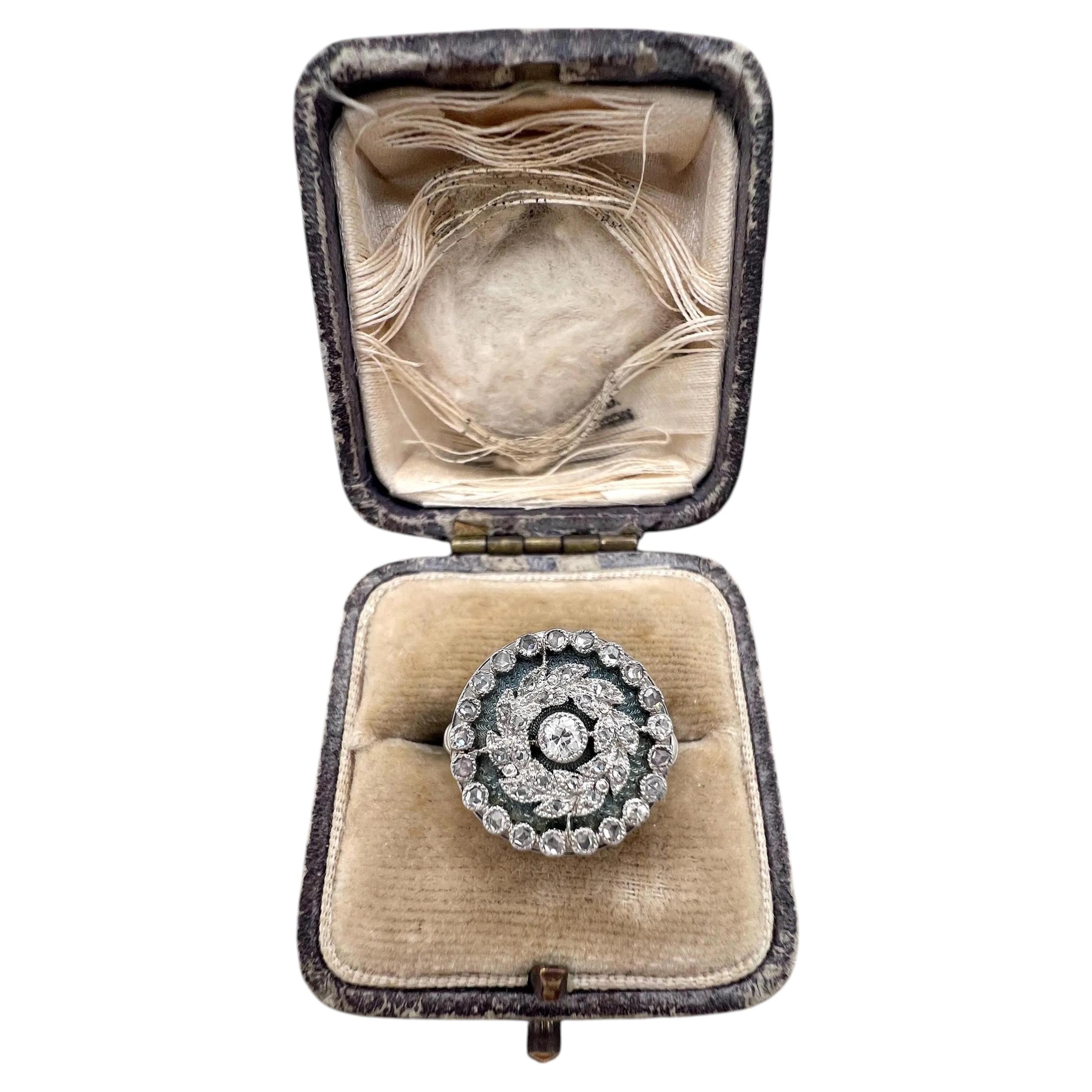 Antique 14ct White Gold, Edwardian Diamond & Guilloche Enamel Fancy Cluster Ring