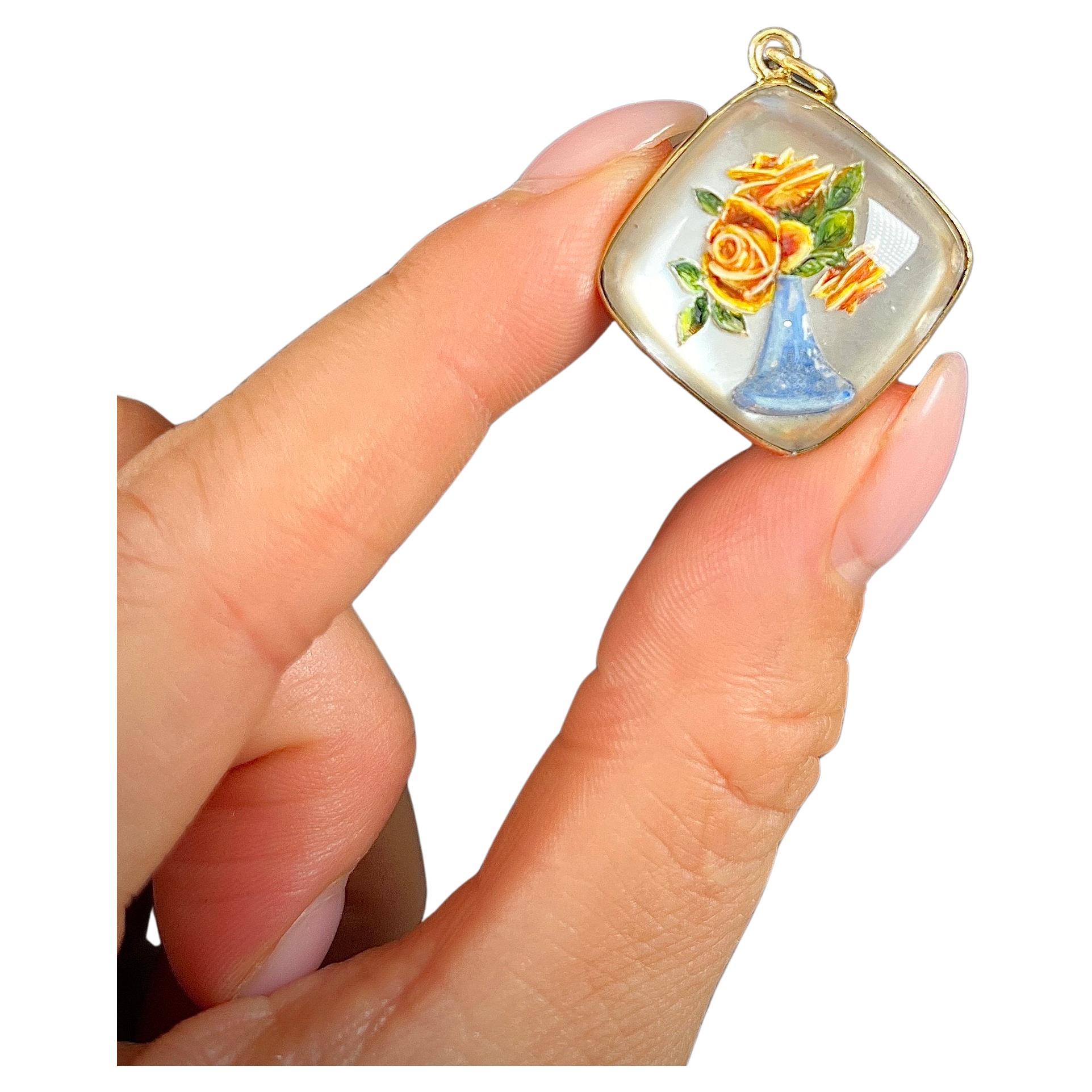 Antique 14ct Yellow Gold, 1920s Essex Crystal Glass, Vase of Flowers Pendant