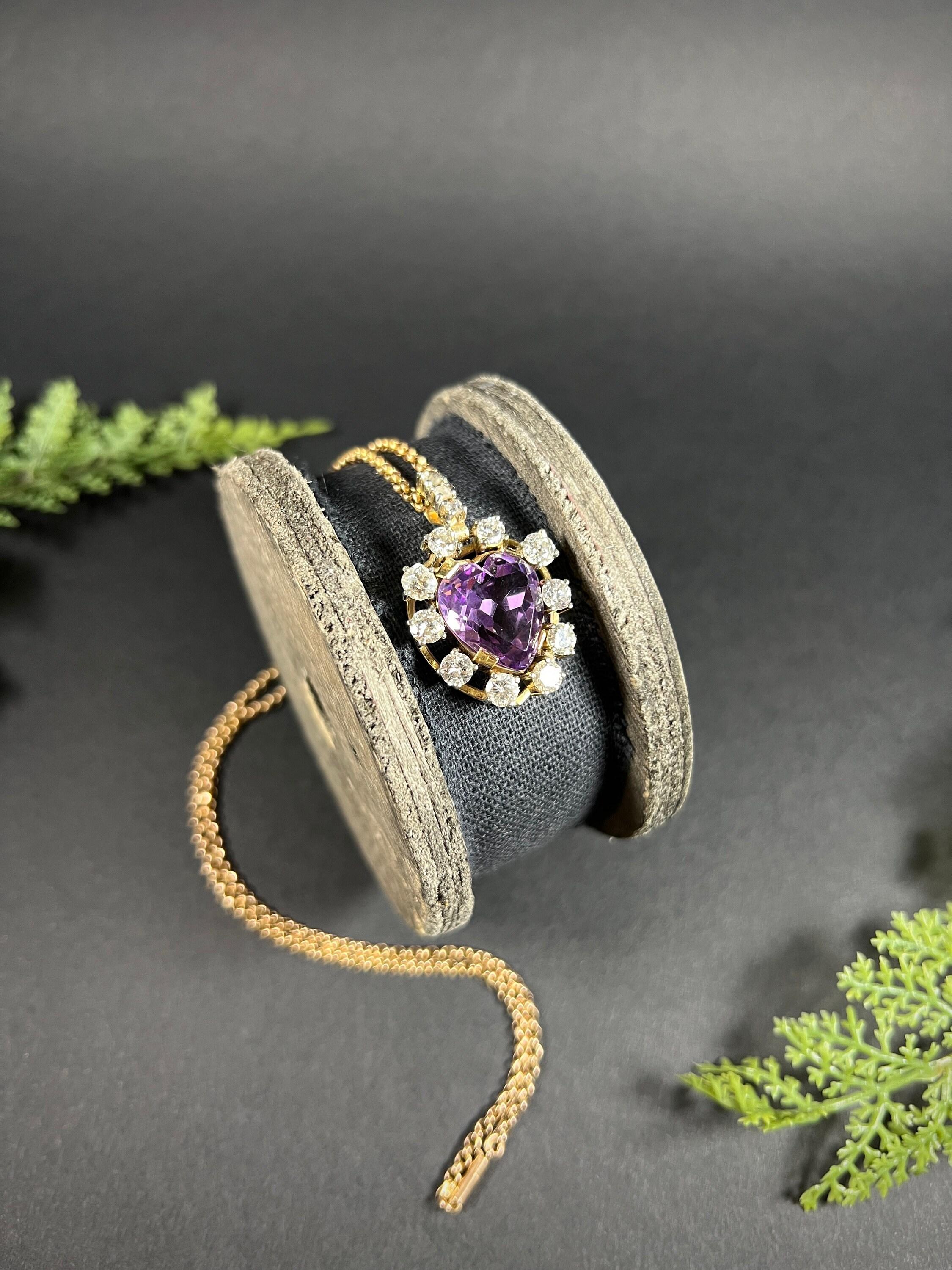 Antique 14ct Yellow Gold, 1920s Heart Shaped Faceted Amethyst & Diamond Pendant For Sale 5