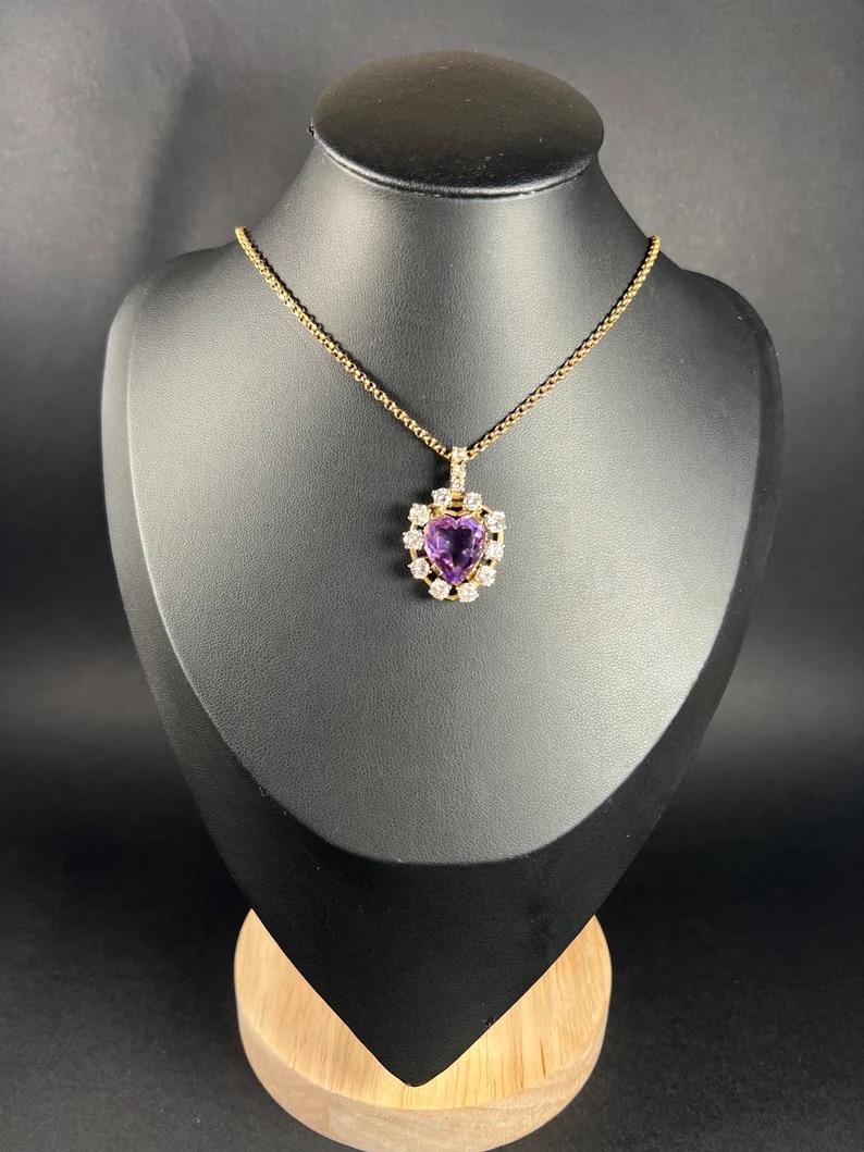 Antique 14ct Yellow Gold, 1920s Heart Shaped Faceted Amethyst & Diamond Pendant For Sale 6