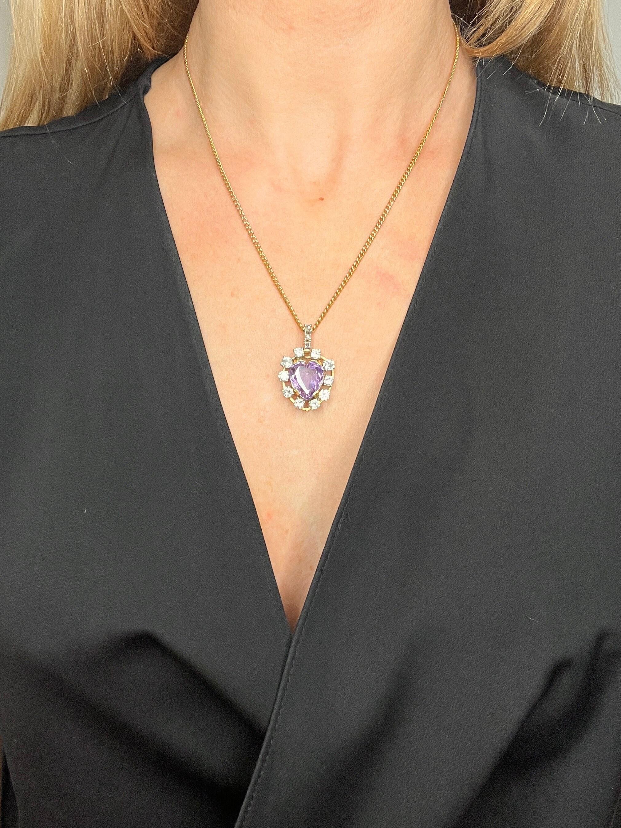 Amethyst Heart Pendant 

14ct Gold Stamped

Circa 1920s 

This charming pendant from the 1920s features a beautiful, faceted heart-shaped natural amethyst, set in a 14ct yellow gold frame. The amethyst is surrounded by a halo of natural diamonds, as