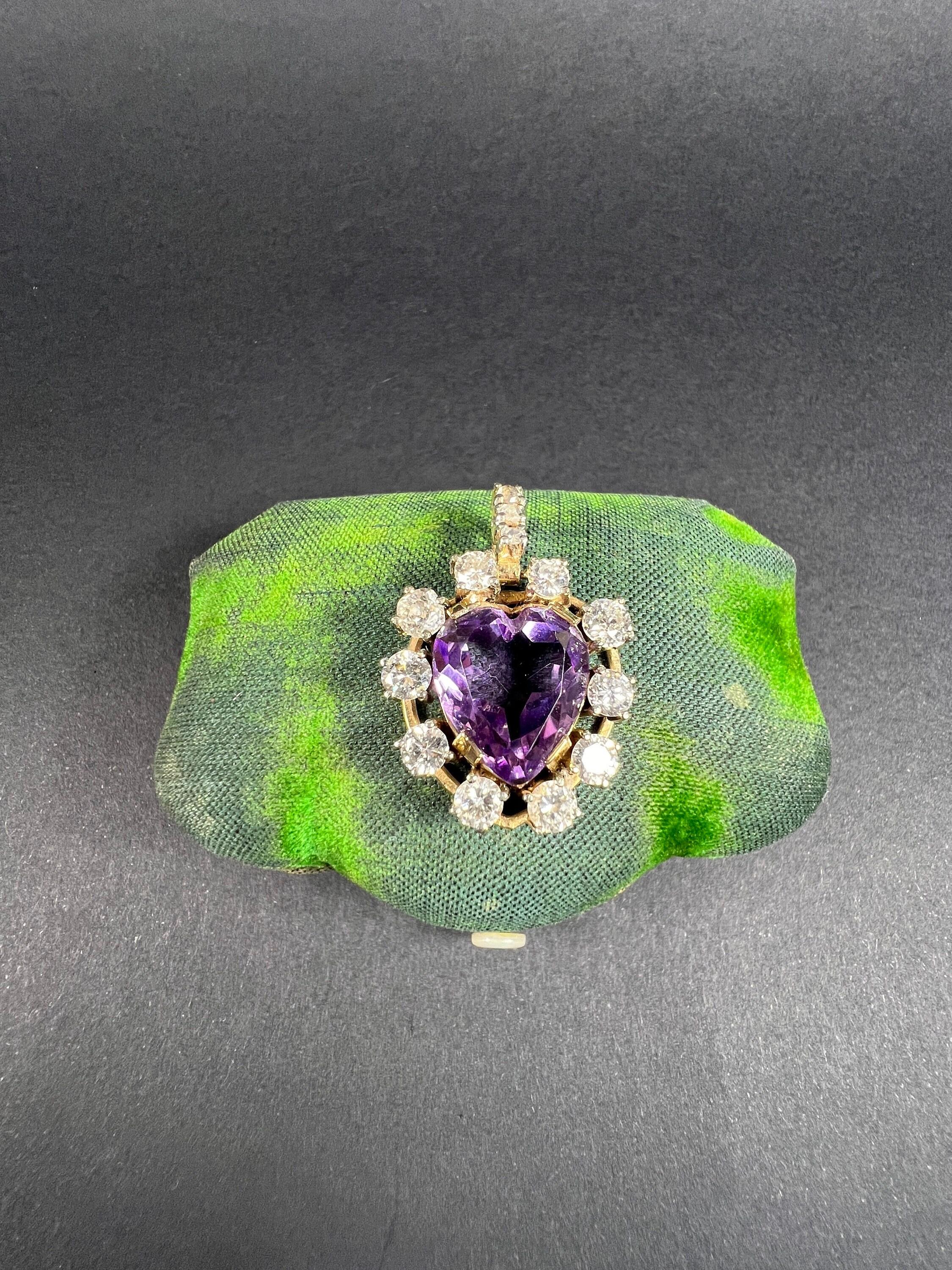 Heart Cut Antique 14ct Yellow Gold, 1920s Heart Shaped Faceted Amethyst & Diamond Pendant For Sale