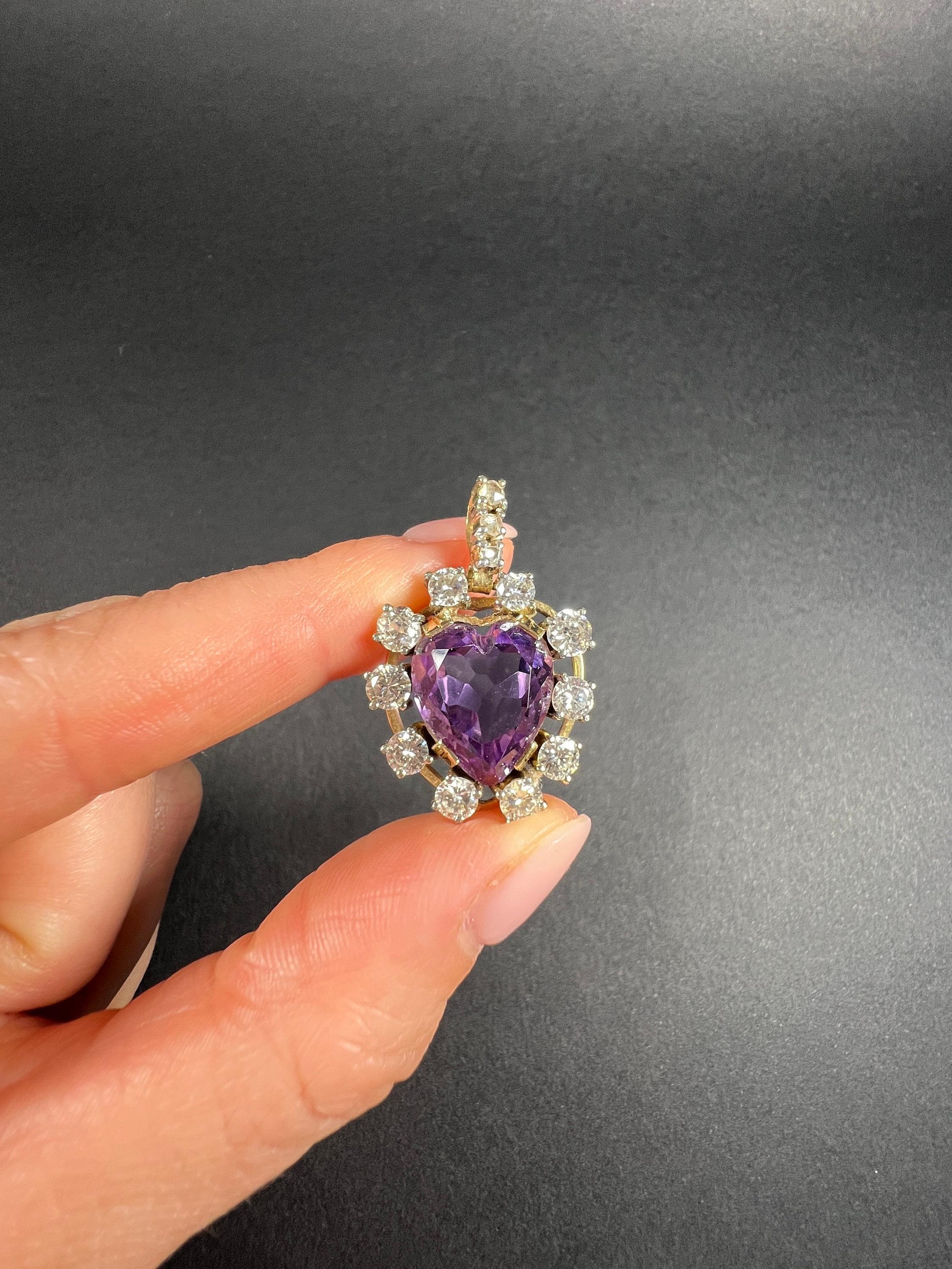 Antique 14ct Yellow Gold, 1920s Heart Shaped Faceted Amethyst & Diamond Pendant In Good Condition For Sale In Brighton, GB
