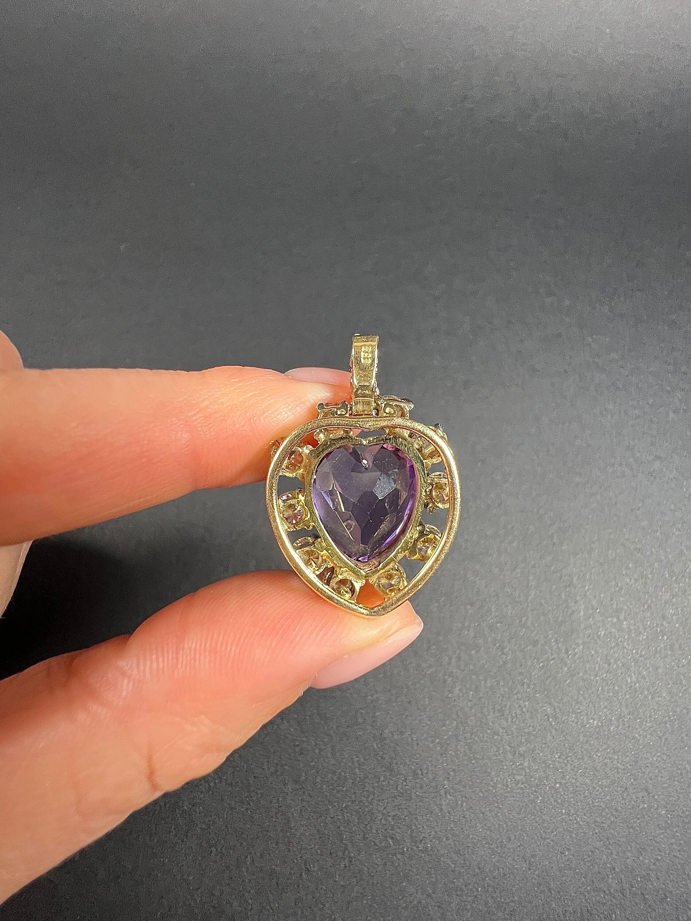 Women's or Men's Antique 14ct Yellow Gold, 1920s Heart Shaped Faceted Amethyst & Diamond Pendant For Sale