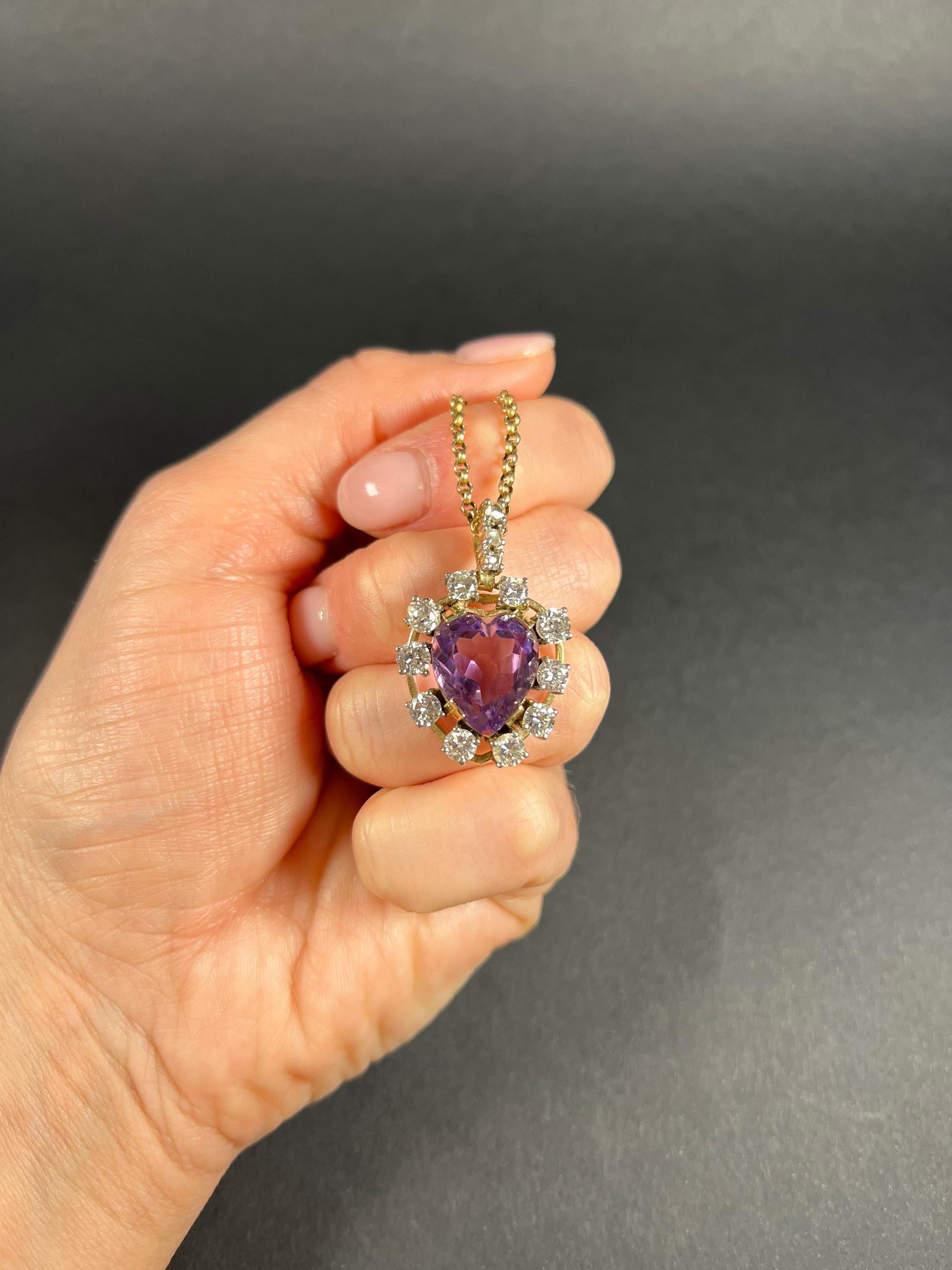 Antique 14ct Yellow Gold, 1920s Heart Shaped Faceted Amethyst & Diamond Pendant For Sale 1