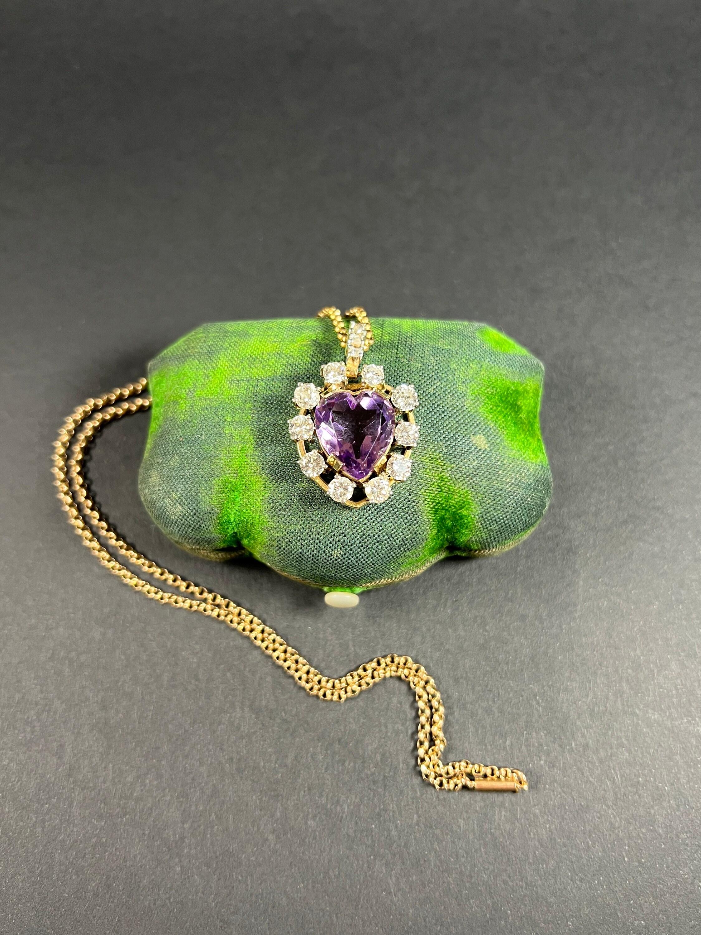 Antique 14ct Yellow Gold, 1920s Heart Shaped Faceted Amethyst & Diamond Pendant For Sale 4
