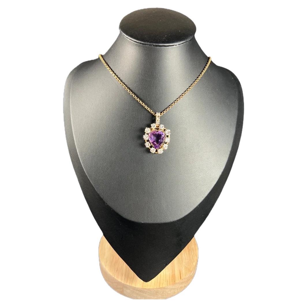 Antique 14ct Yellow Gold, 1920s Heart Shaped Faceted Amethyst & Diamond Pendant