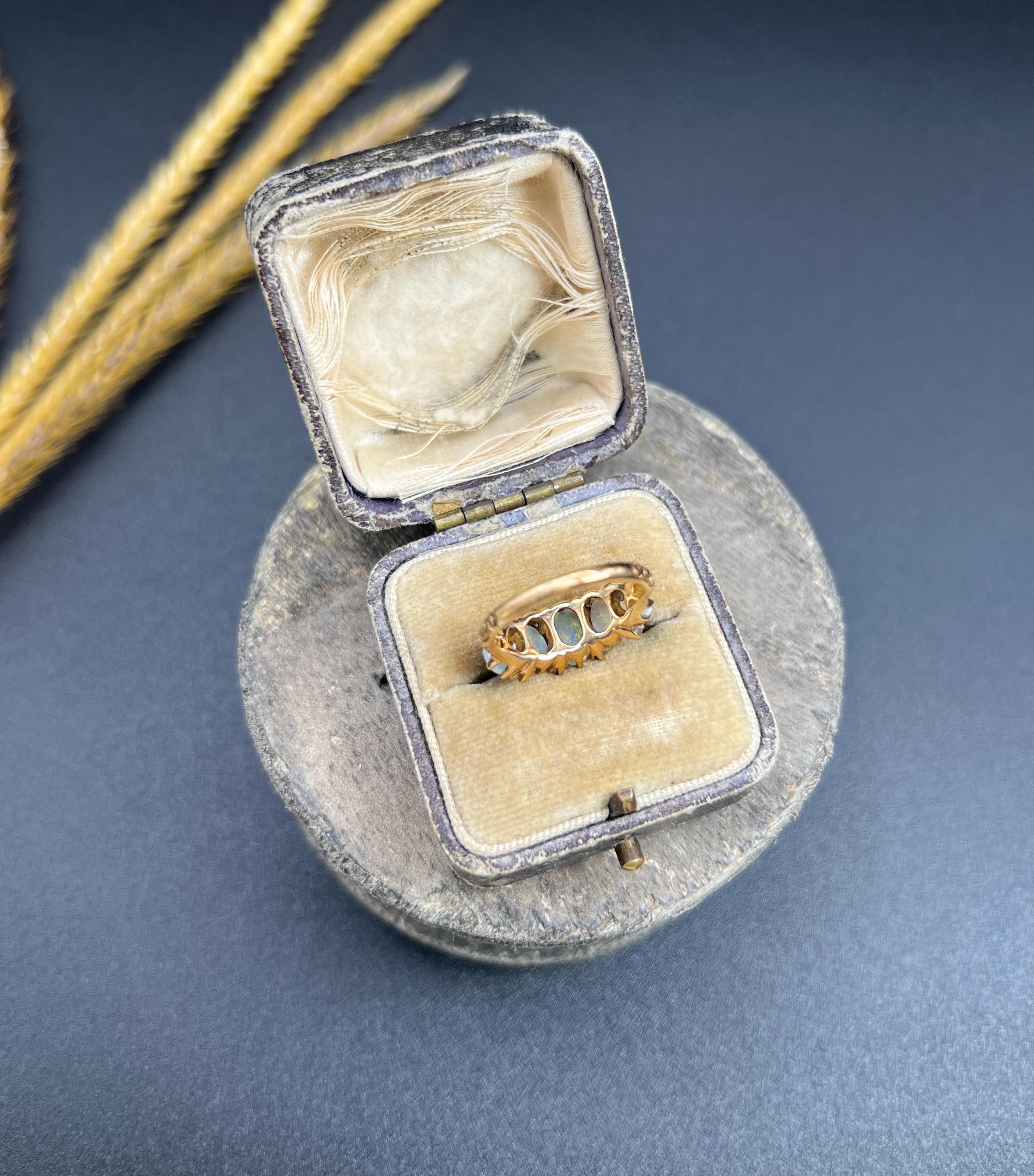Antique 14ct Yellow Gold, 1920s Opal & Diamond Five Stone Ring For Sale 5