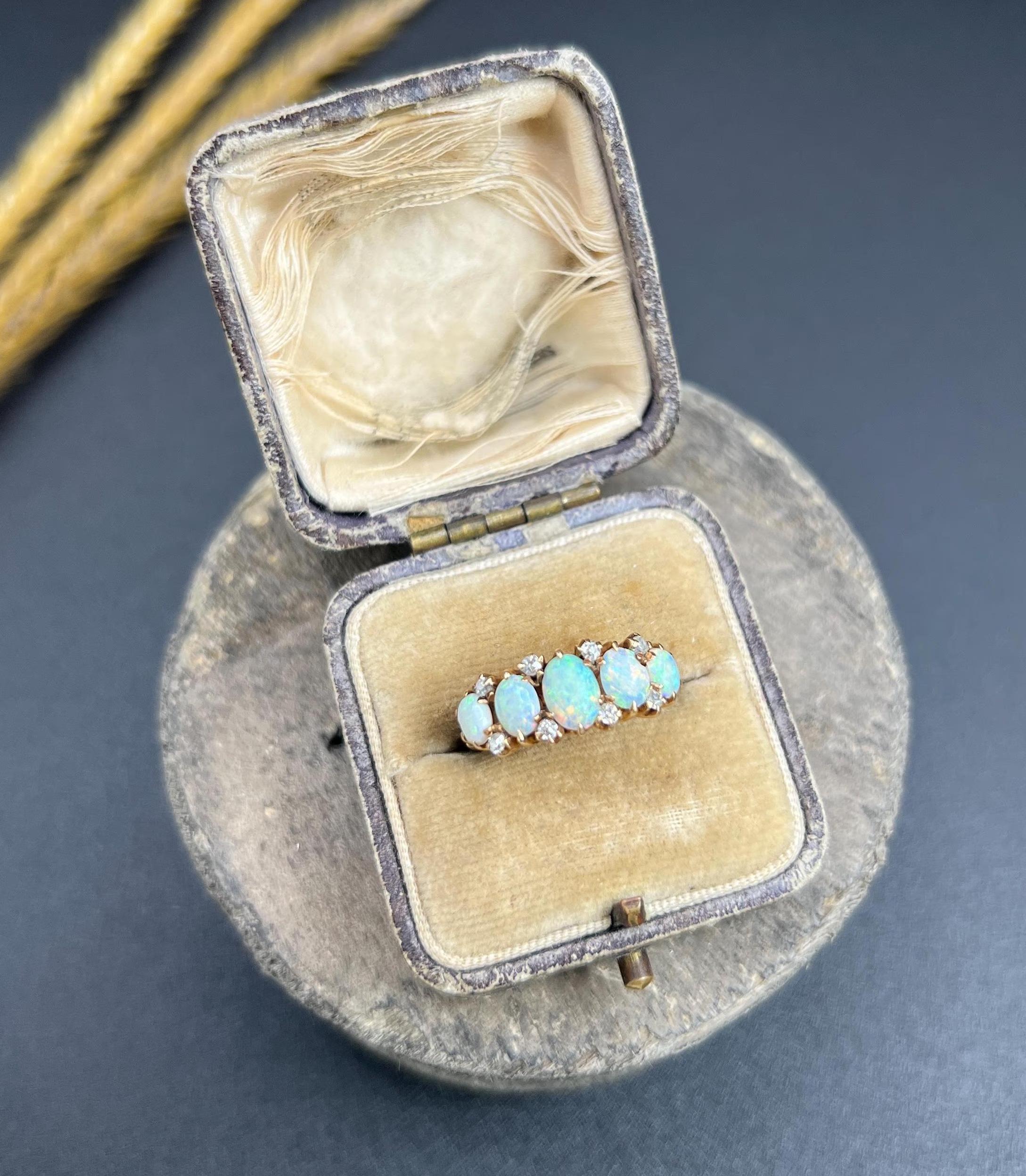 Antique 14ct Yellow Gold, 1920s Opal & Diamond Five Stone Ring For Sale 6