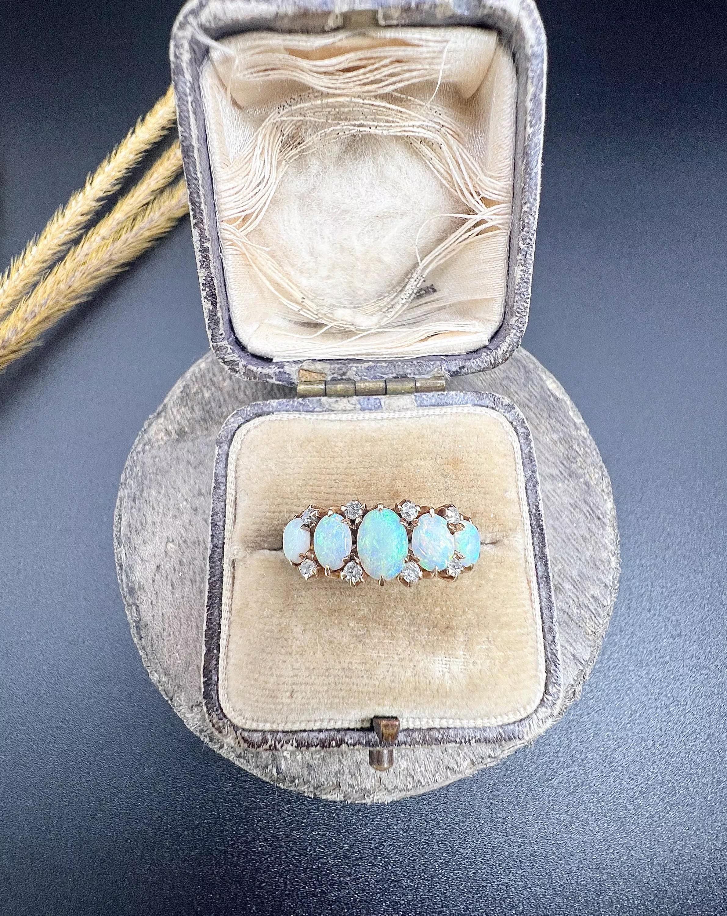 Oval Cut Antique 14ct Yellow Gold, 1920s Opal & Diamond Five Stone Ring For Sale