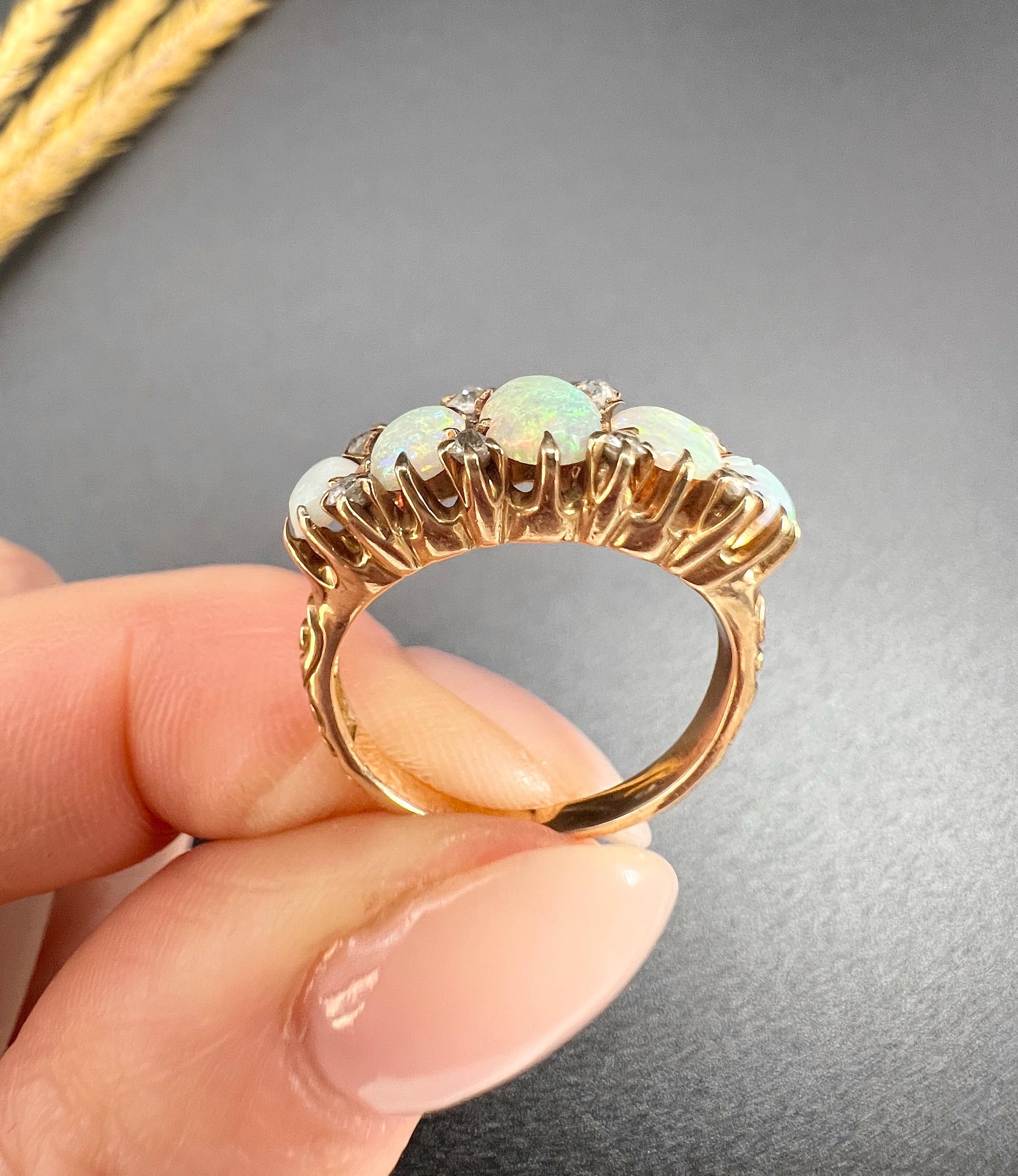 Antique 14ct Yellow Gold, 1920s Opal & Diamond Five Stone Ring In Good Condition For Sale In Brighton, GB