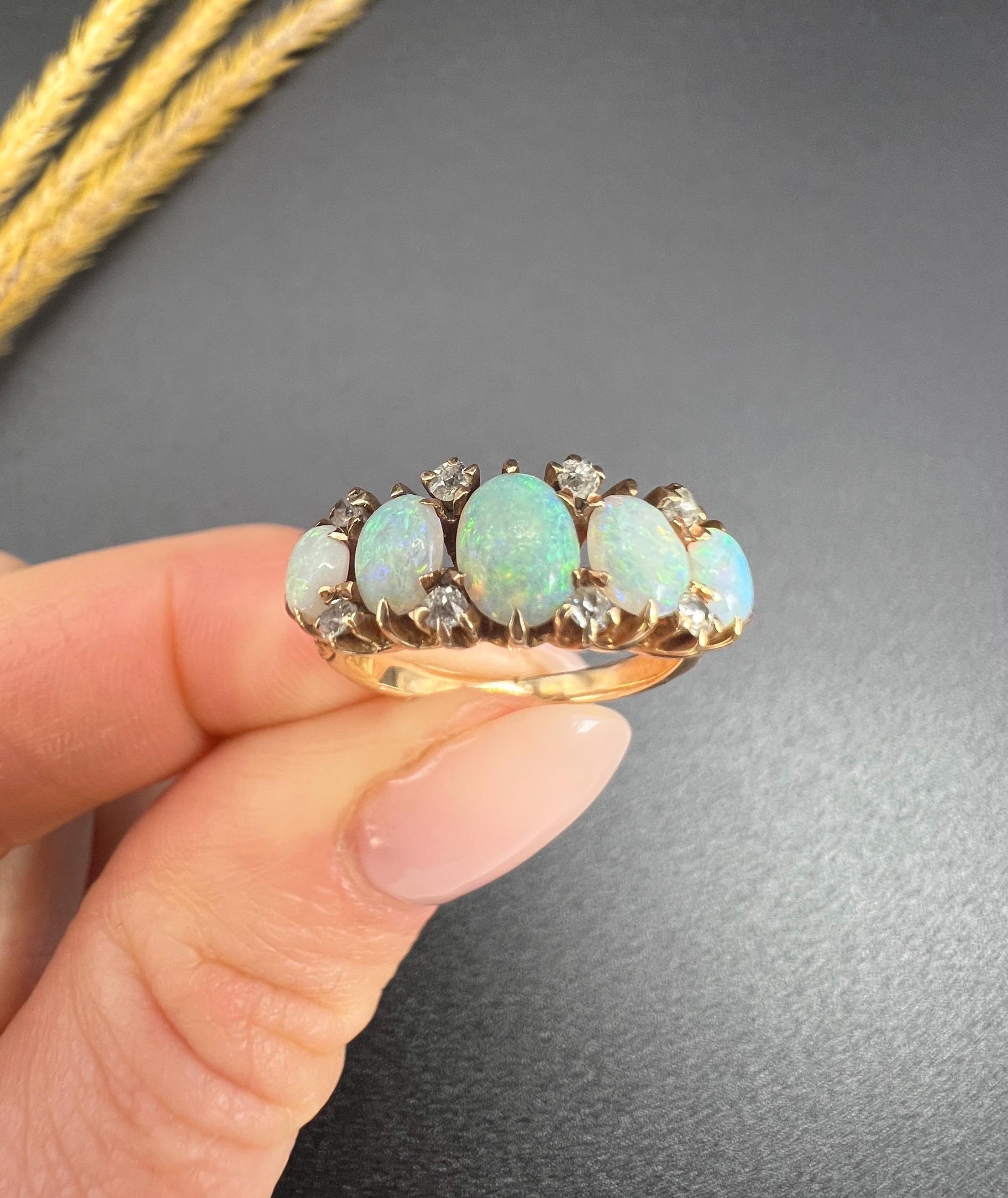 Women's or Men's Antique 14ct Yellow Gold, 1920s Opal & Diamond Five Stone Ring For Sale