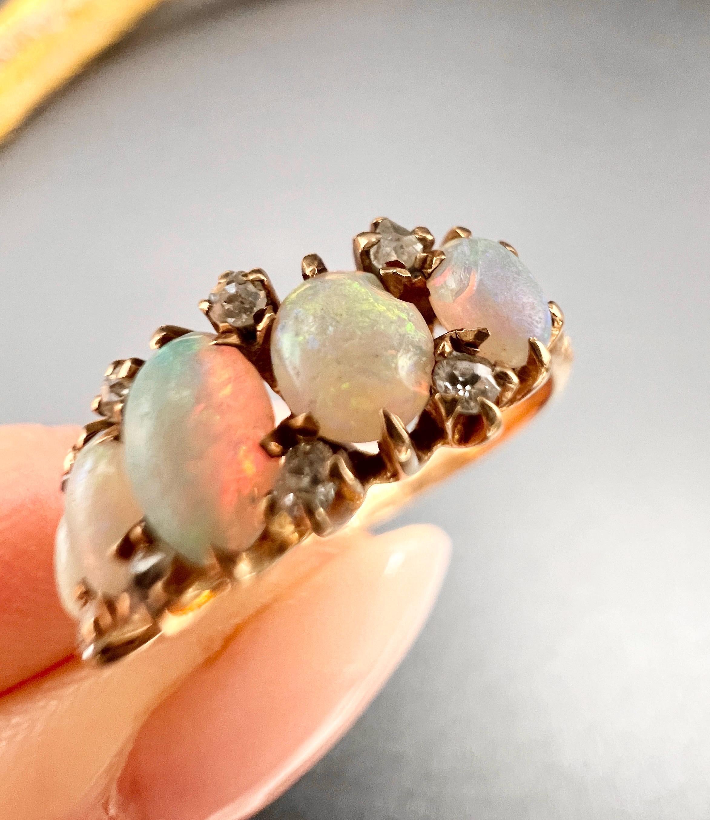 Antique 14ct Yellow Gold, 1920s Opal & Diamond Five Stone Ring For Sale 1