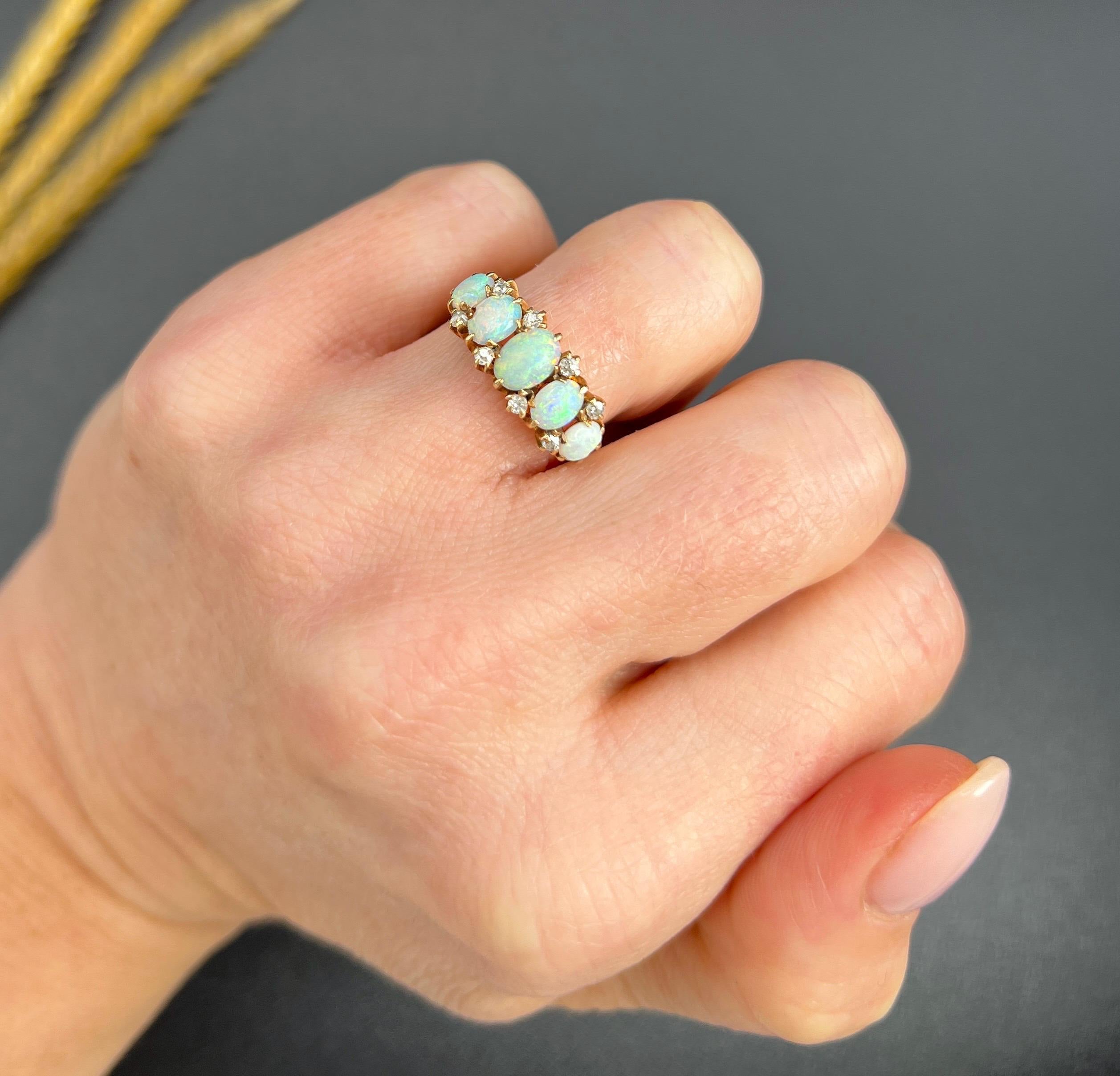 Antique 14ct Yellow Gold, 1920s Opal & Diamond Five Stone Ring For Sale 2