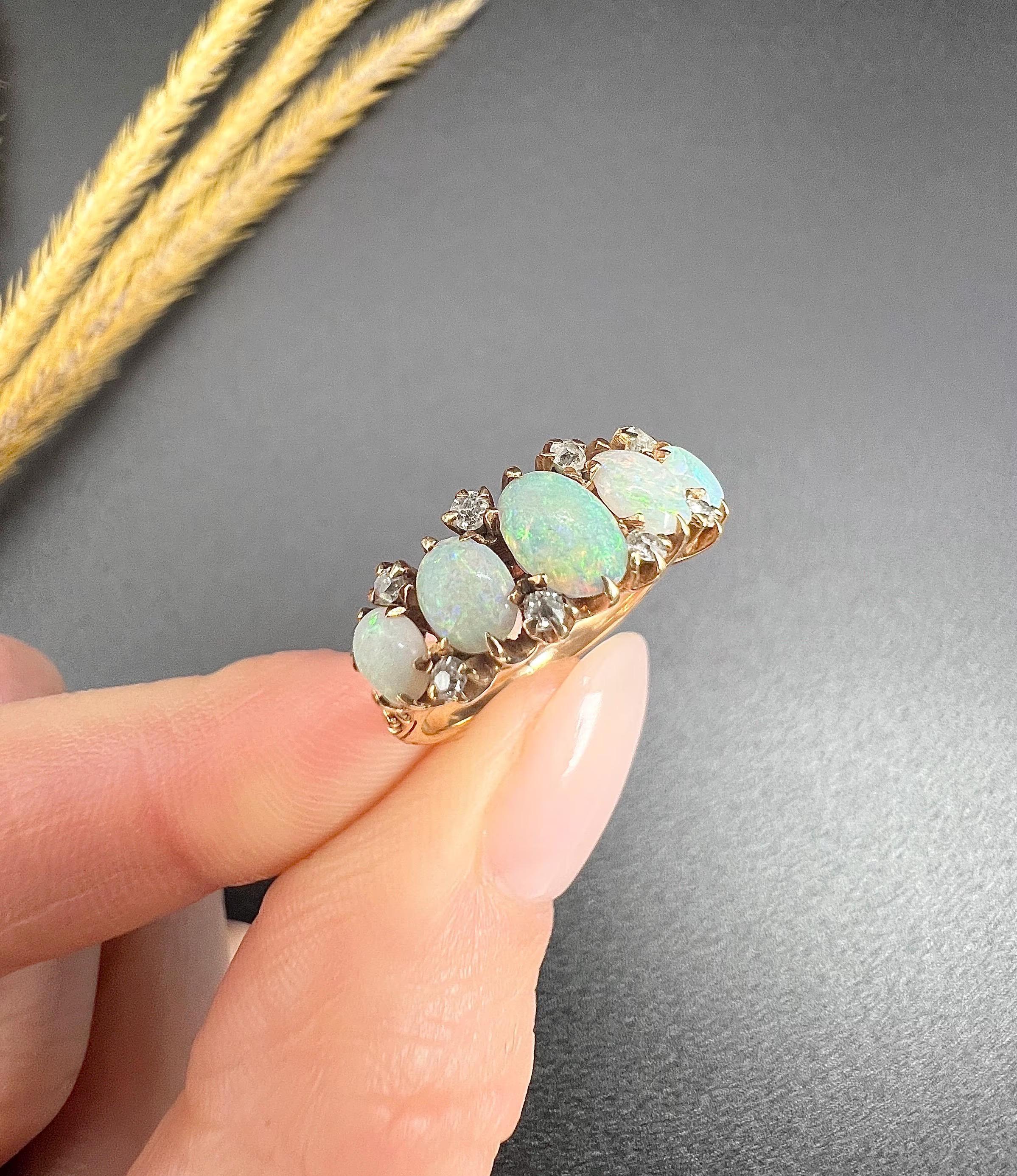 Antique 14ct Yellow Gold, 1920s Opal & Diamond Five Stone Ring For Sale 4