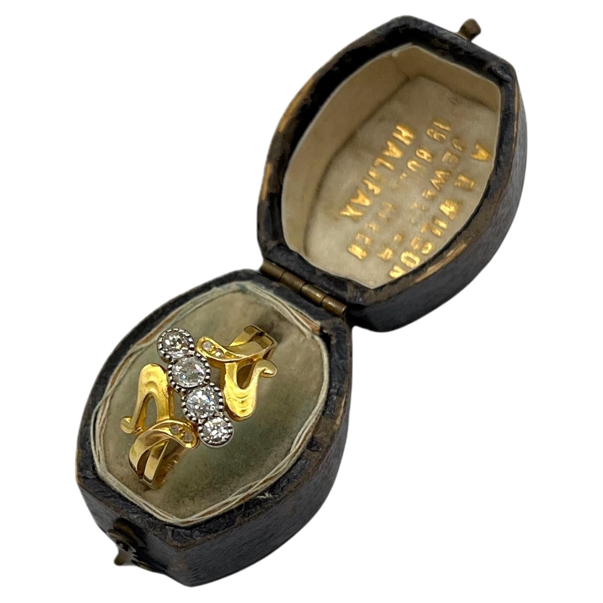 Antique 14ct Yellow Gold, Art Nouveau Four Stone Diamond Ring