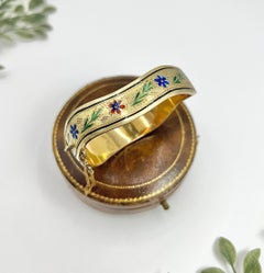 Antique 14ct Yellow Gold, Edwardian Enamel Flower Bangle, Wave Shaped Bracelet