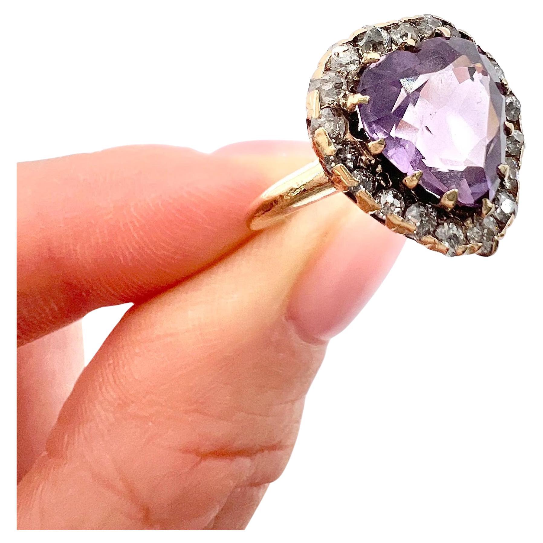 Antique 14ct Yellow Gold, Edwardian Heart Shaped Amethyst & Diamond Cluster Ring