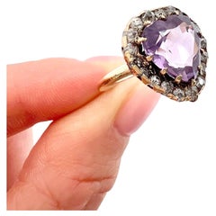 Antiker 14 Karat Gelbgold, edwardianischer herzförmiger Amethyst- und Diamant-Cluster-Ring