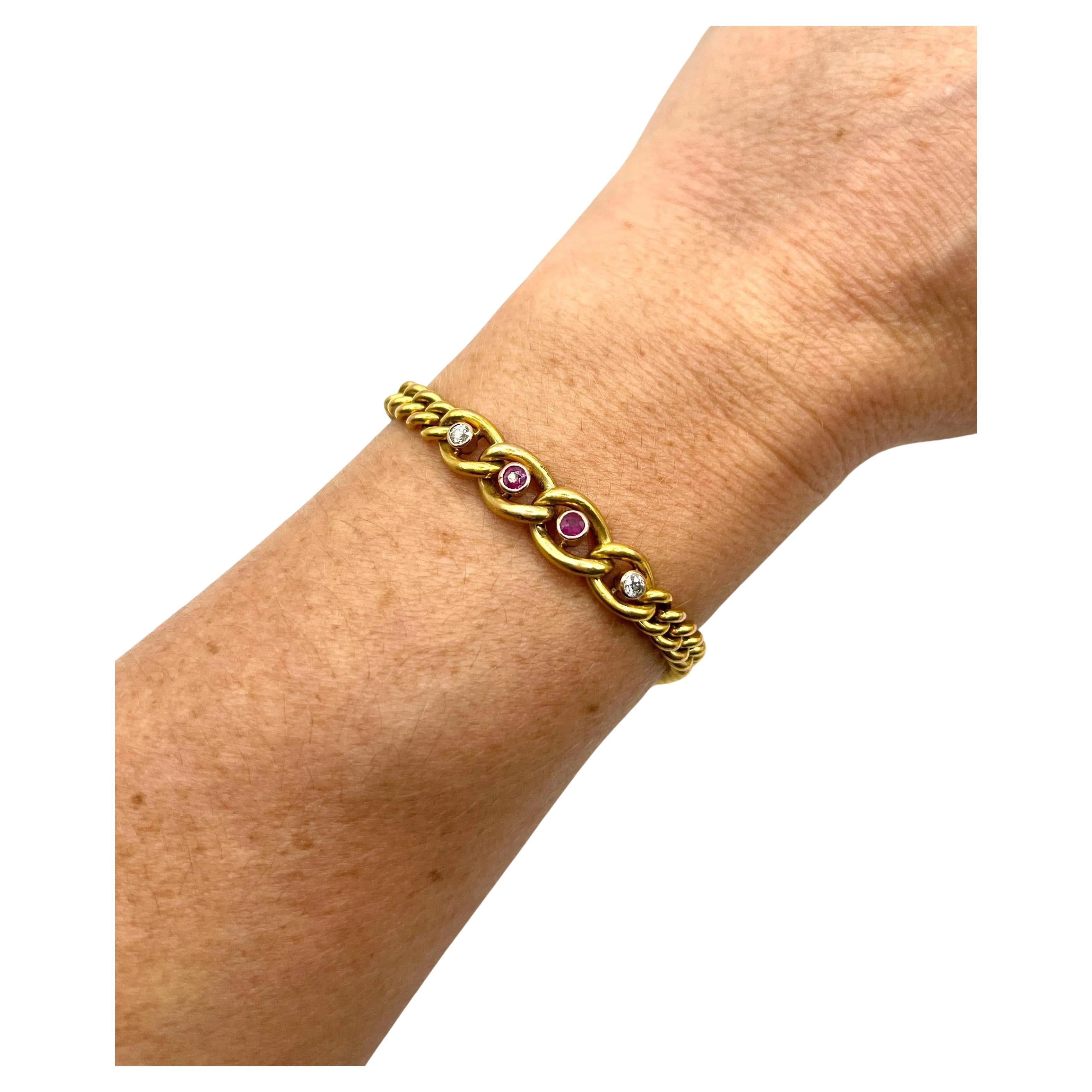 Bracciale antico in oro giallo 14ct con timbro, rubini e diamanti edoardiani A Link in vendita
