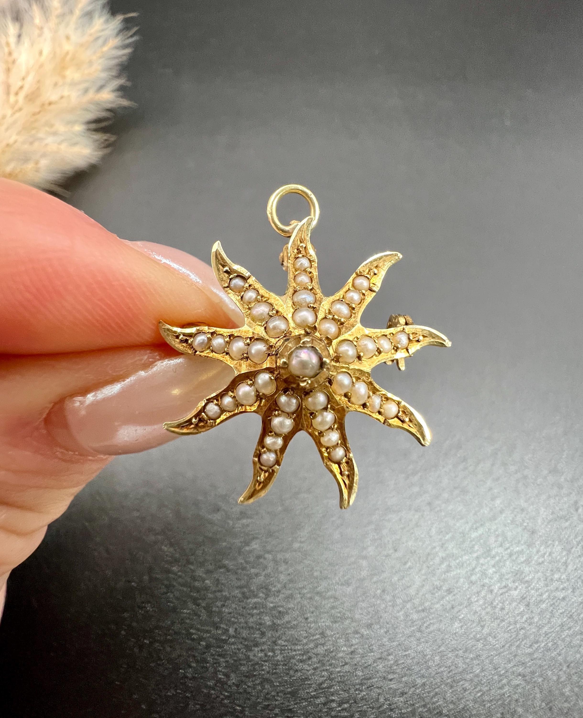 Antique 14ct Yellow Gold Stamped, Edwardian Seed Pearl Starburst Brooch/Pendant 6