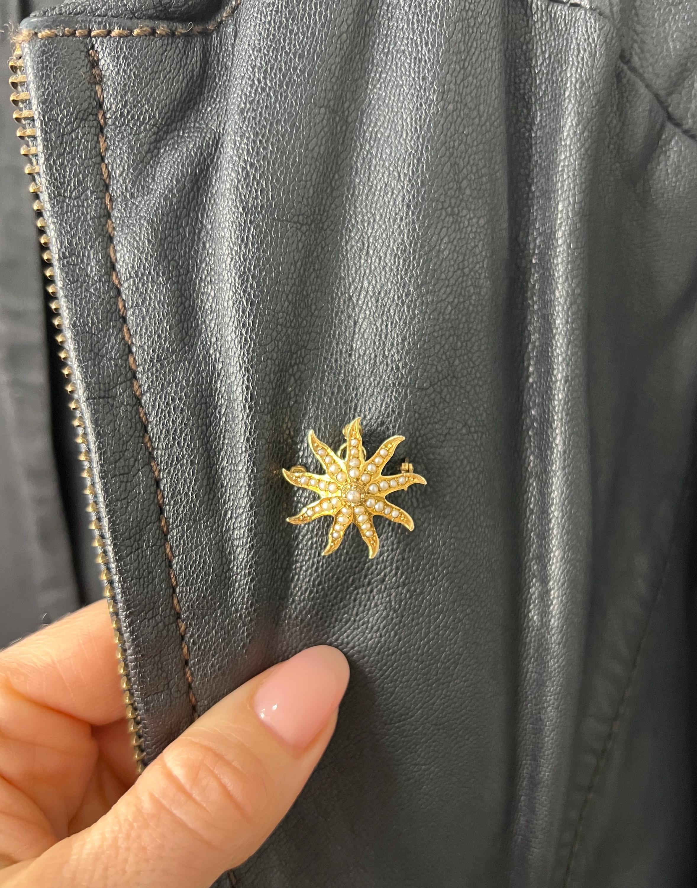 Round Cut Antique 14ct Yellow Gold Stamped, Edwardian Seed Pearl Starburst Brooch/Pendant