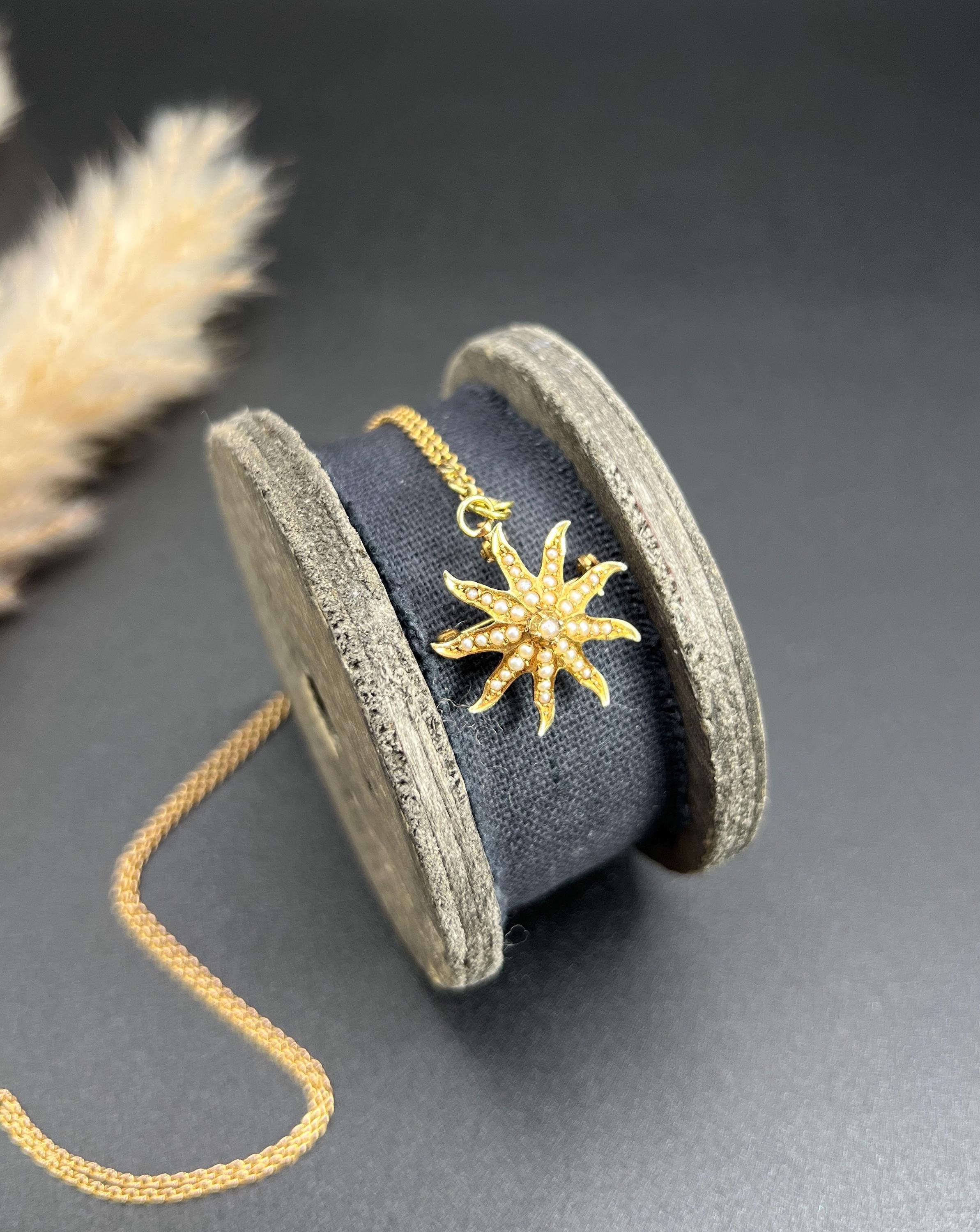 Women's or Men's Antique 14ct Yellow Gold Stamped, Edwardian Seed Pearl Starburst Brooch/Pendant