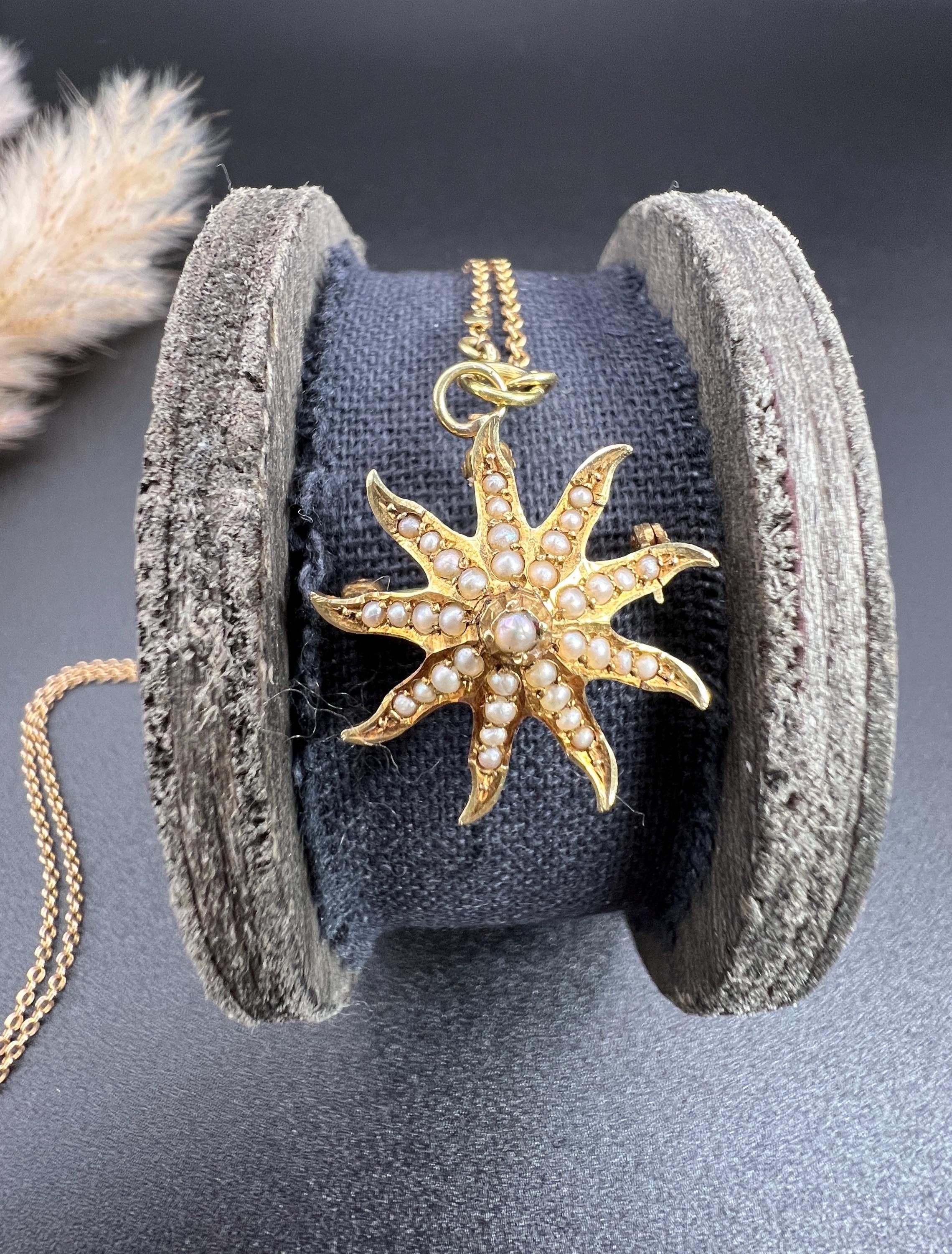 Antique 14ct Yellow Gold Stamped, Edwardian Seed Pearl Starburst Brooch/Pendant 1