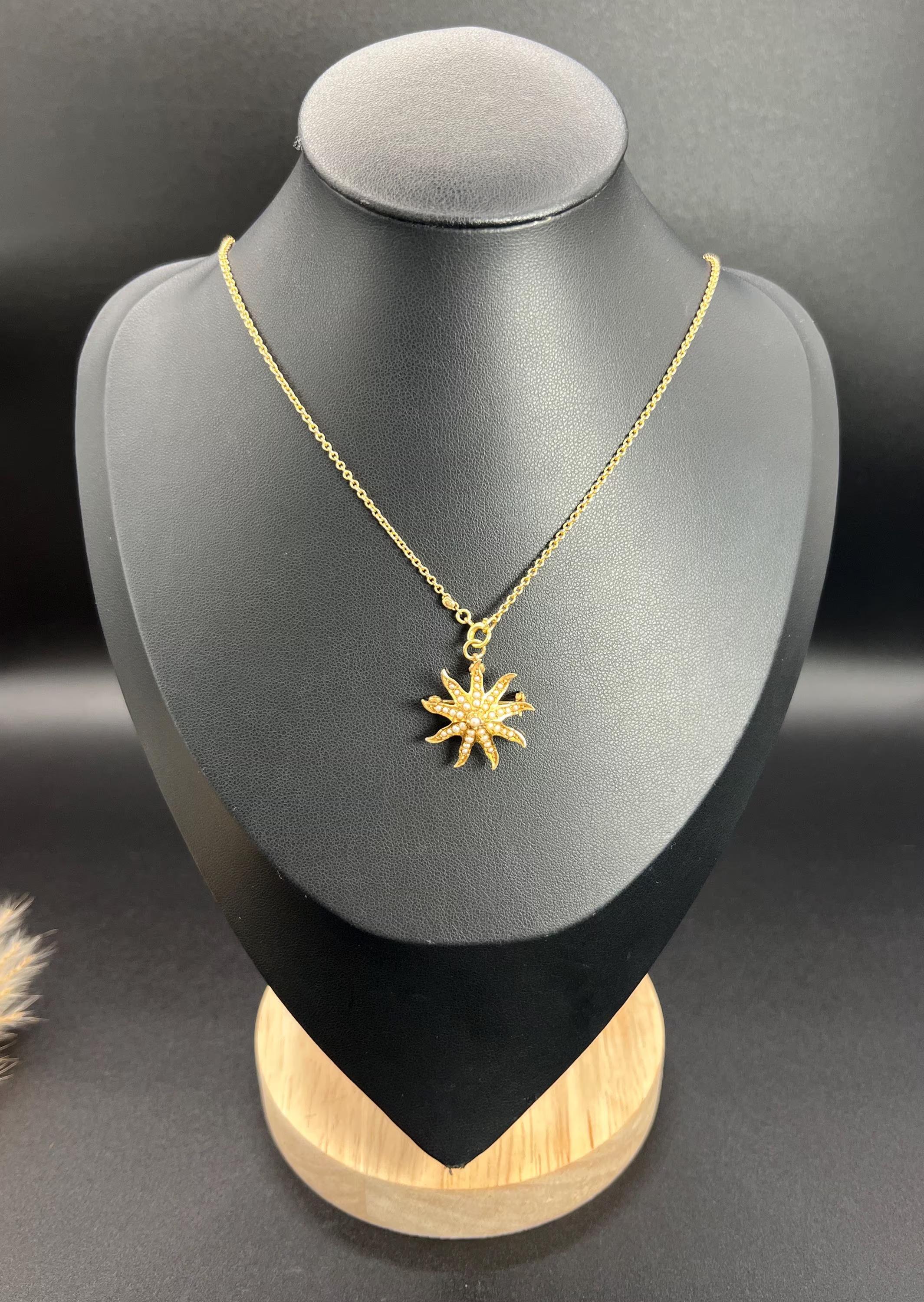 Antique 14ct Yellow Gold Stamped, Edwardian Seed Pearl Starburst Brooch/Pendant 3