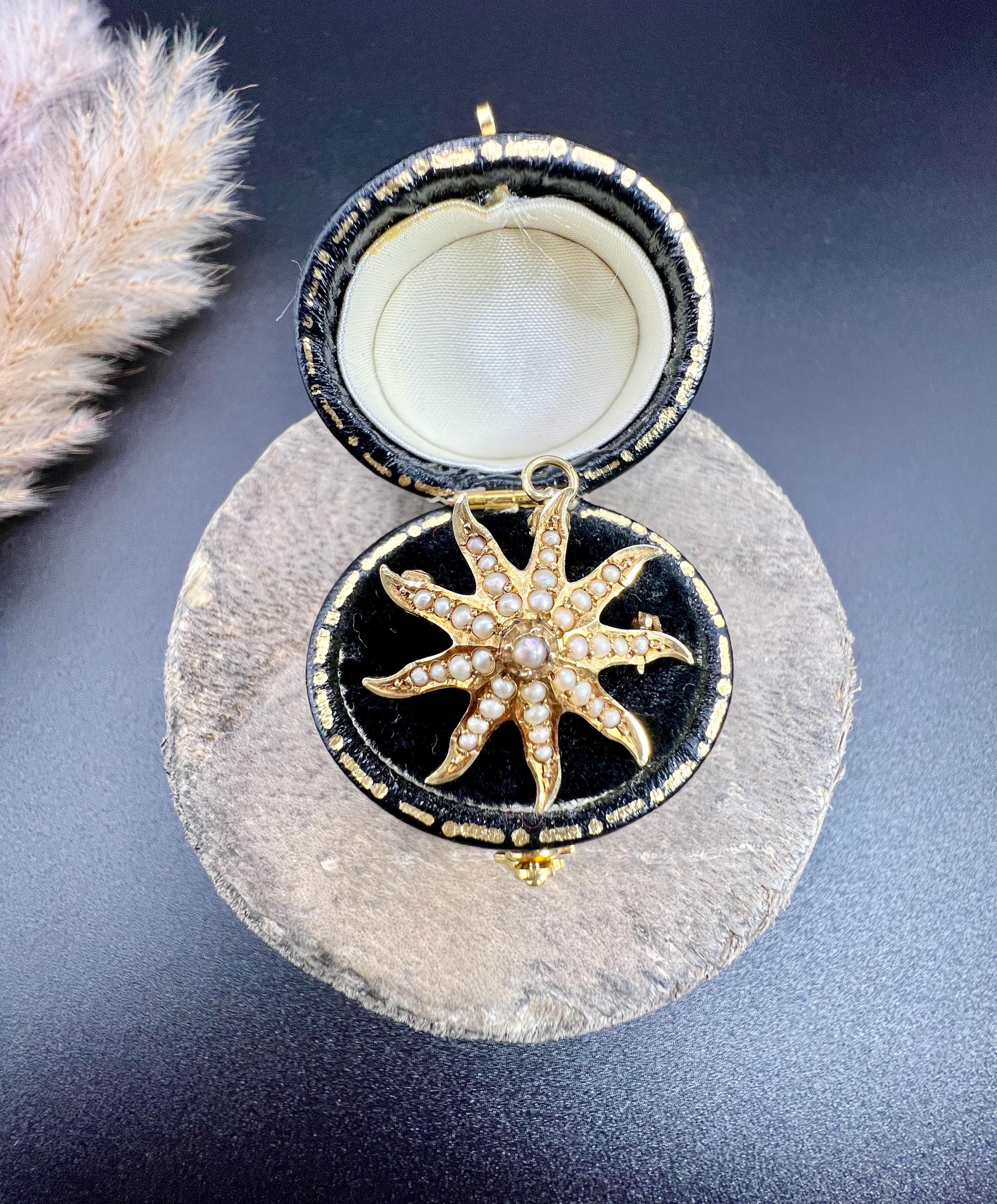 Antique 14ct Yellow Gold Stamped, Edwardian Seed Pearl Starburst Brooch/Pendant 4
