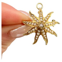 Antique 14ct Yellow Gold Stamped, Edwardian Seed Pearl Starburst Brooch/Pendant