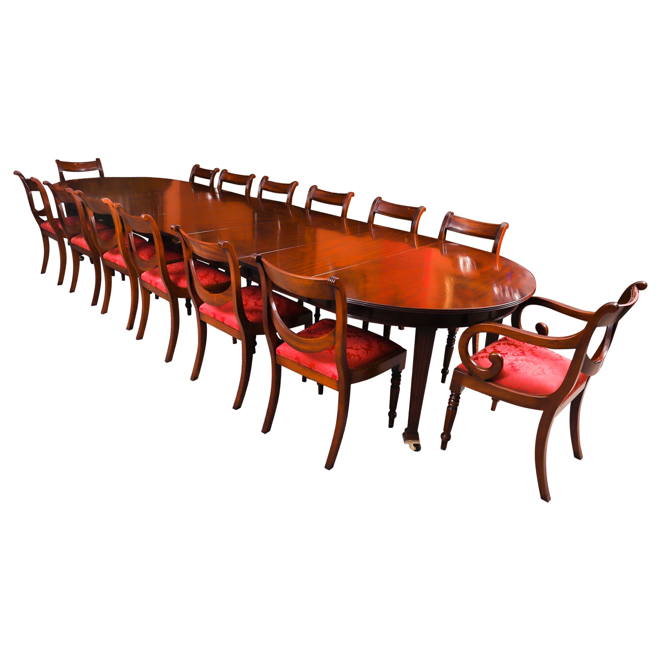 Antique 14ft Flame Mahogany Extending Dining Table 19th C & 14 Chairs