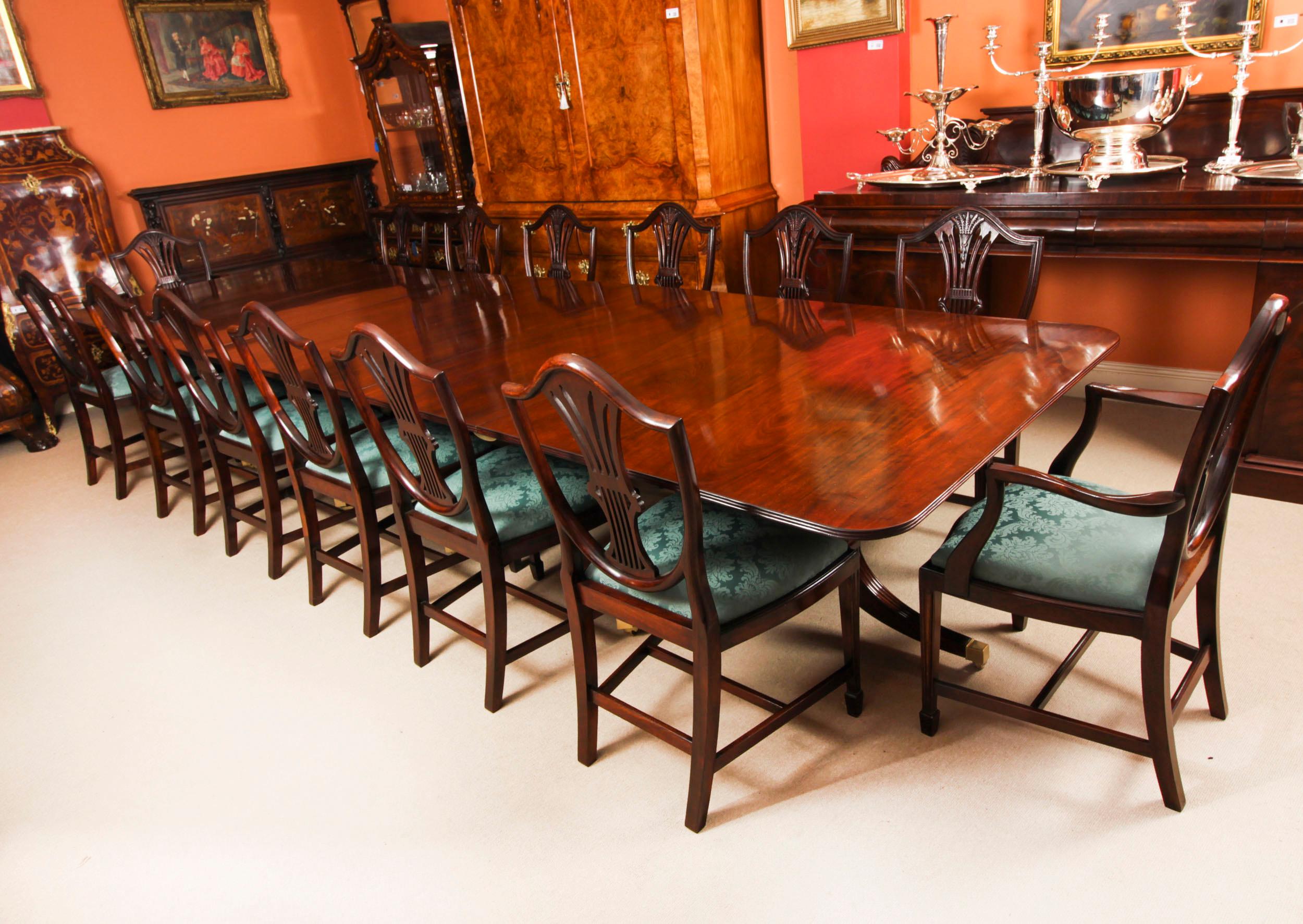 19th Century Antique 14ft Flame Mahogany Regency Revival Triple Pillar Dining Table 19th C For Sale
