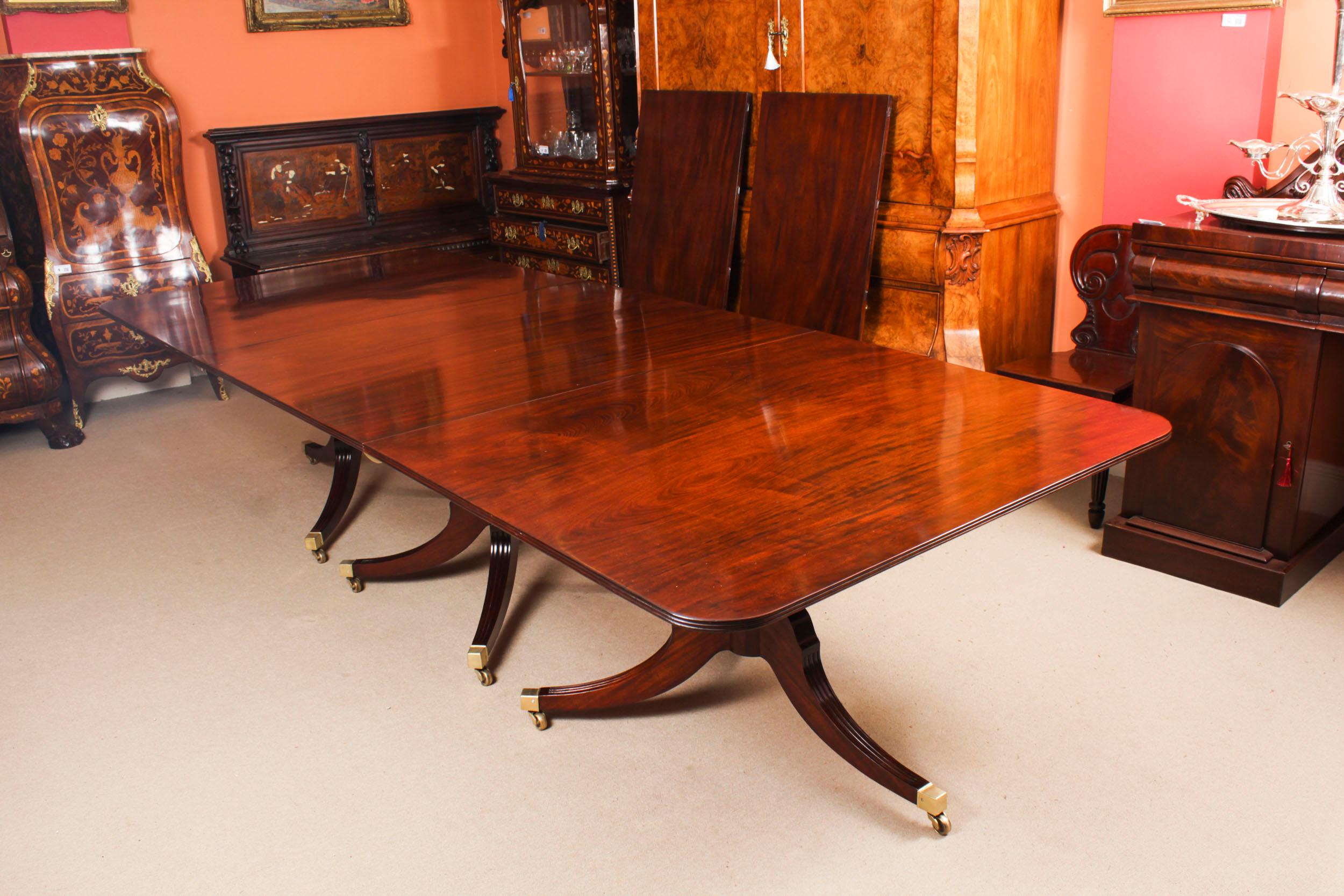 Antique 14ft Flame Mahogany Regency Revival Triple Pillar Dining Table 19th C For Sale 1