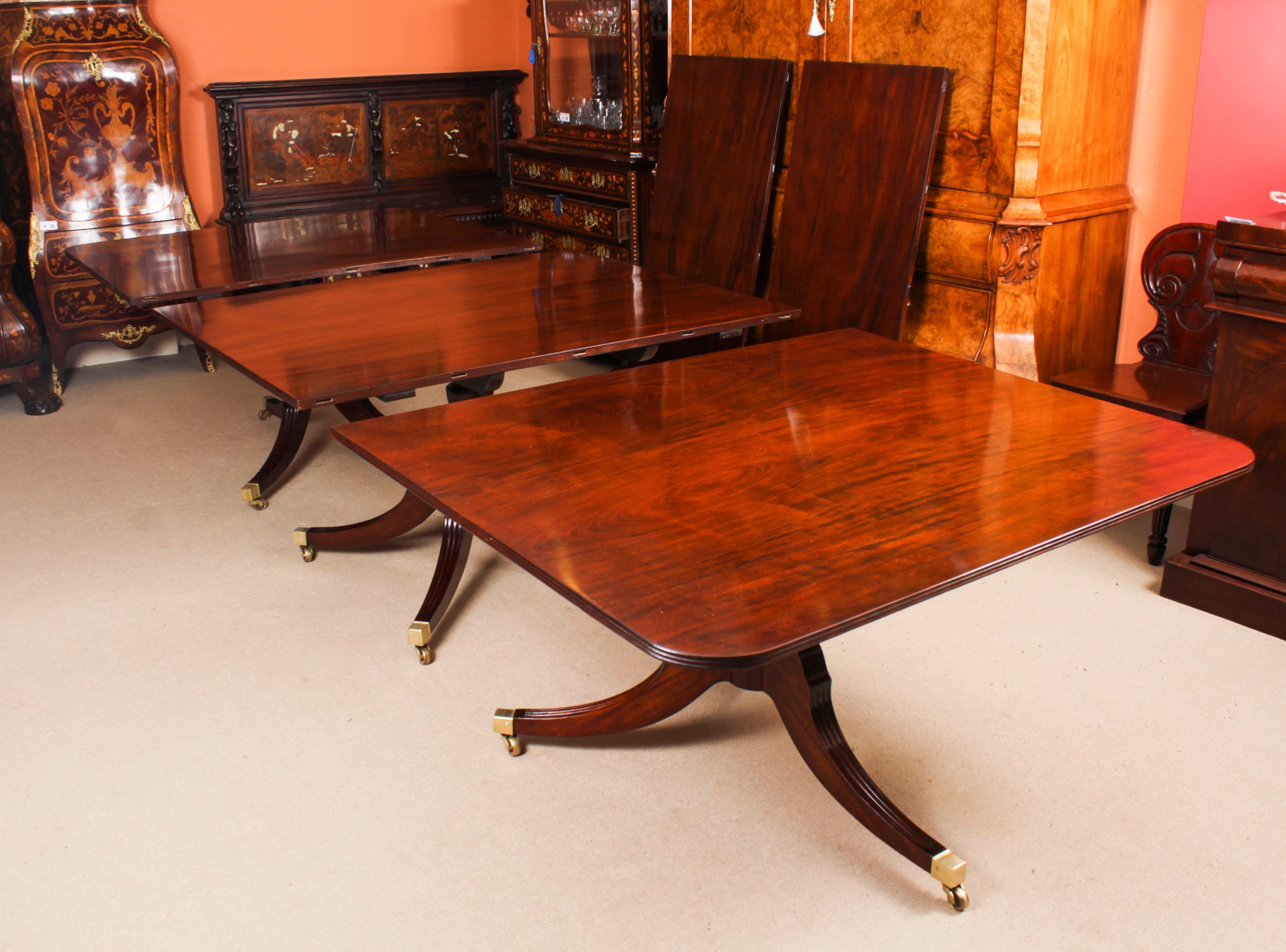 Antique 14ft Flame Mahogany Regency Revival Triple Pillar Dining Table 19th C 2