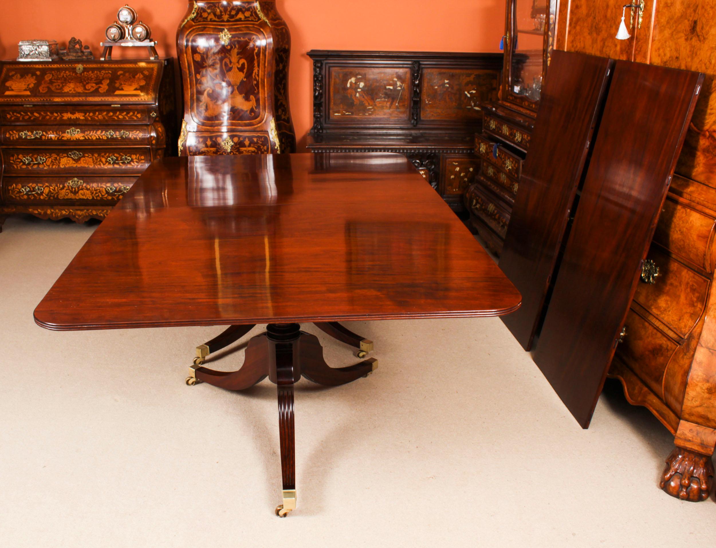 Antique 14ft Flame Mahogany Regency Revival Triple Pillar Dining Table 19th C For Sale 4