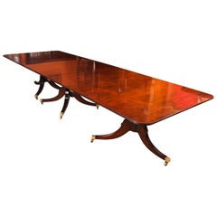 Antique 14ft Flame Mahogany Regency Revival Triple Pillar Dining Table 19th C