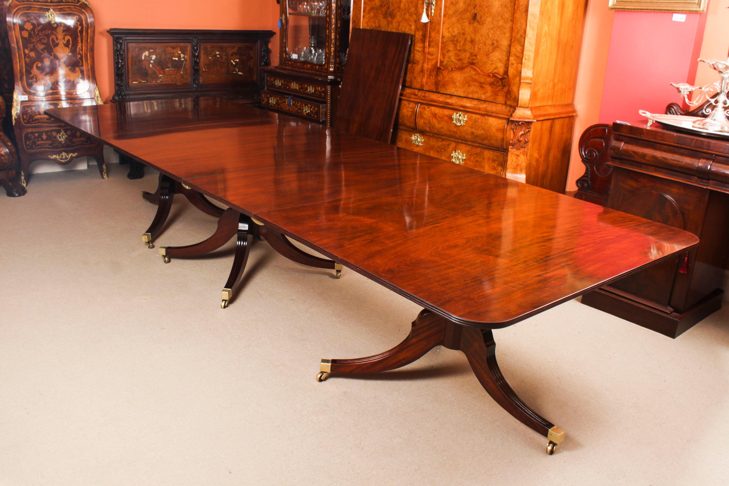 Mahogany Antique 14ft Regency Revival Triple Pillar Dining Table & 14 Chairs 19th Century For Sale